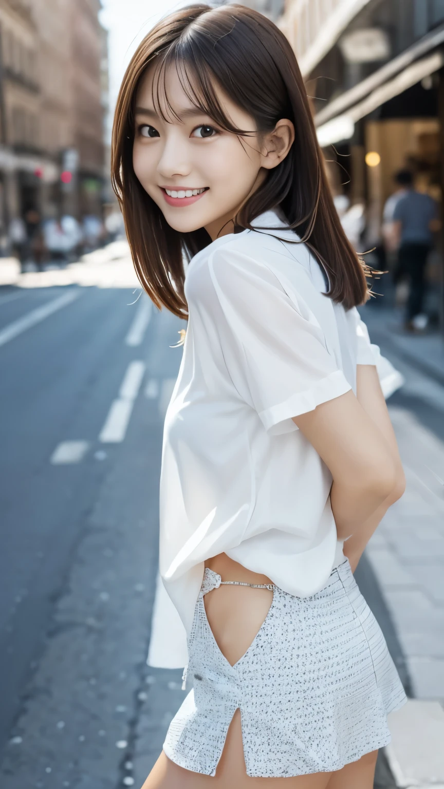 (Highest quality, 8k wallpaper, Tabletop, Ultra HD: 1.3), Women in reality、A woman around 25 years old,Japanese women、Beautiful skin,healthy, 90cm bust, Black Hair, Hair behind the ear, Hairstyle to the shoulders, Slim figure, Ultra Fine Face, Delicate lips, Beautiful Eyes, double eyelid, lipstick, Tight Skirt , Beautiful feet ,A short white T-shirt above the waist、masutepiece、Super detailed、Attention to detail、High resolution、Perfect dynamic composition、Women's Fashion Summer、smile、Cafe Terrace、Iced coffee in front of you,front,canon RF85mm F1.2 L USM、Canon EOS R7,Lighting on face,Beautiful detailed eyes、light makeup、attractive、超High resolution、Surreal、Very detailed、Golden Ratio、(Detail Makeup:1.2)、Has had sex with 10 men、Smiling happily