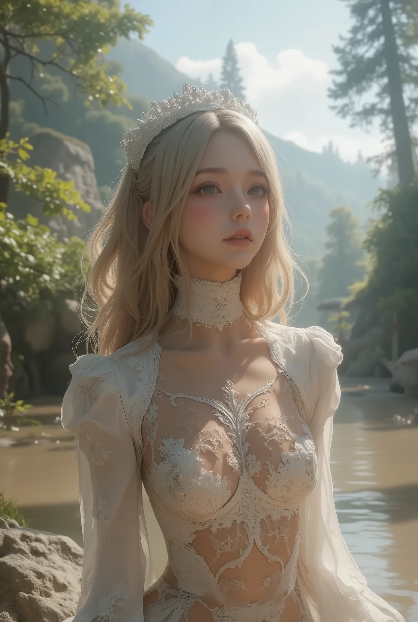 in the seat,  Happy Expression , Charming eyes,   straight long hair ,  flowing skirt , big, Gazing at the Sun,  Calm Posture ,  Porcelain Skin , A faint blush,  crystal pendant 　Rest Golden Hour , ( Edge Lighting ): 1.2, cool color, Solar flare,  Soft Shadows ,  bright color, Paint Effects,  Great Atmosphere BREAK Scenic Area, Distant Mountain々, pine tree, Summit,  reflections ,  sunlit clouds ,  quiet atmosphere, Idyllic sunrise,  super detailed,  Official Art,  unified 8K wallpaper,  Zentangle, Mandala