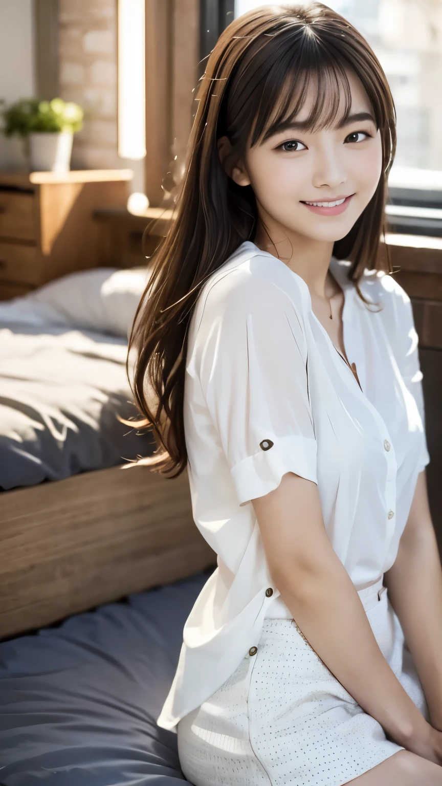 masutepiece, Best Quality, 8K, 1 girl, 20 yo, Full body, Solo, Arch Smile, Cute, Girly, Delicate girl, Neat and clean beauty, Raw photo, Professional Photography, Portrait, Soft light, Professional Lighting, Back lighting, look forward to your eyes, Sophisticated, Film grain, (Eyes and faces with detailed:1.0), Wearing an oversized T-shirt and nothing else, Short-length floating hair, Beautiful flowing hair, Indoor