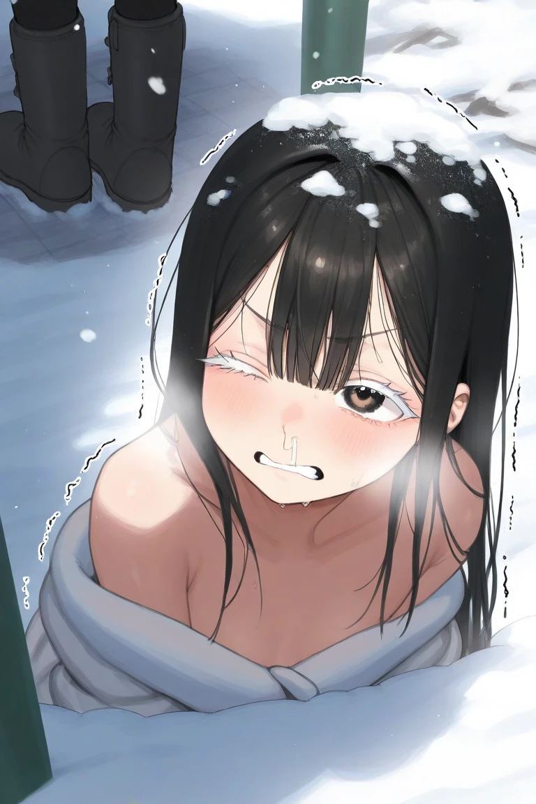 bangs, sidelocks, black hair, long hair, black hairband, perfect shiny hair, blue eyes, ultra-detailed eyes, iridescent shiny eyes,, , , empty eyes , large breasts, solo, nipple, , Heavy snowfall area,　Freezing  , Sweating profusely, Love juice, Wet Woman,  female , crying ,naked, flooding, lightning, inferno, running, shed, Peeing, lactation, projectile lactation