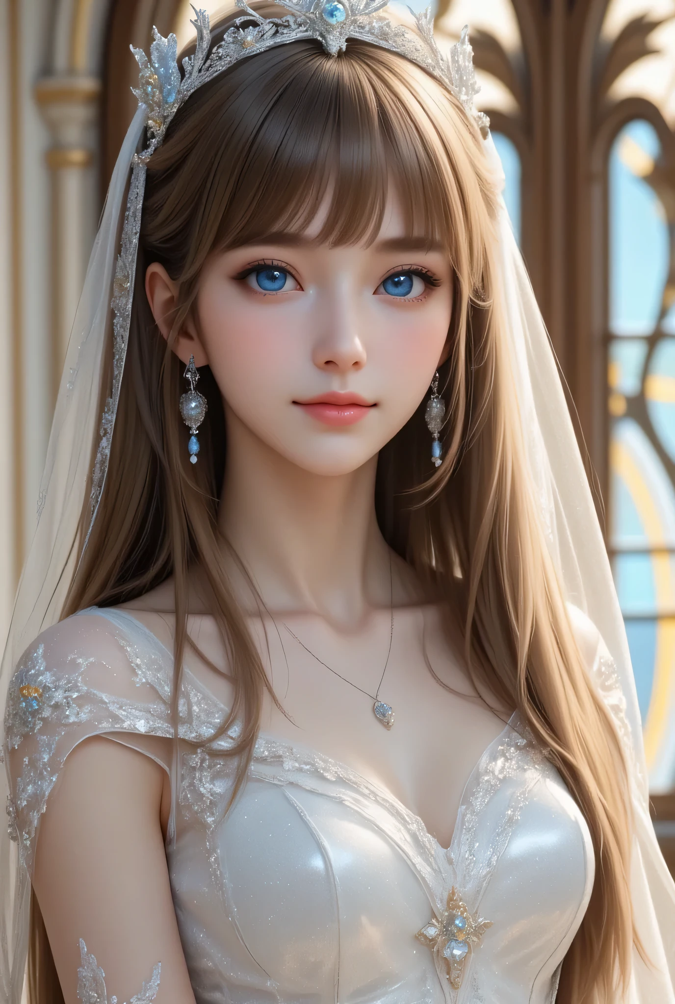 (super cute young face:1.1),(sparkling clear attractive large glowing eyes:1.1), (japanese idol face:1.1),very beautiful cute girl,(baby face:1.2),(thirteen  years old:1.2),exquisite smooth and silky long brown straight hair,fair skin,(happy cheerful smile),professional portrait,
(ball gown wedding dress :1),(super shiny white holographic costume :1.2),beautiful bride,beautiful dress skirt,
 narrow waist,(very beautiful costume :1.3),whole body shot,church stained glass window