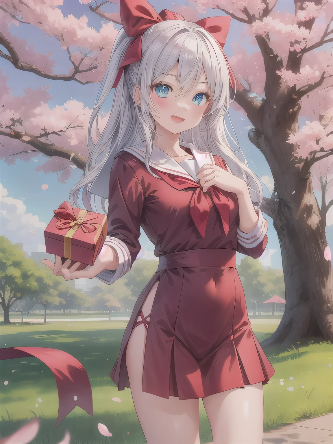 A stunningly beautiful 20-year-old woman stands in a lush green park full of cherry blossoms in full bloom under a clear blue sky. She is wearing a classic sailor uniform and holds a neatly wrapped gift box with a red ribbon in both hands in front of her chest. The box is small, wrapped in decorative paper, and tied with a bow. She looks very happy, with a radiant and joyful expression.A stunningly beautiful 20-year-old woman stands in a lush green park full of cherry blossoms in full bloom under a clear blue sky. She is wearing a classic sailor uniform and holds a neatly wrapped gift box with a red ribbon in both hands in front of her chest. The box is small, wrapped in decorative paper, and tied with a bow. She looks very happy, with a radiant and joyful expression. Black heart, blue eyes, very long hair, white hair.