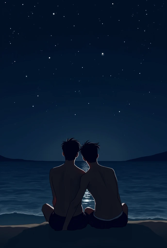 (photorealism:1.2), silhouette shadow of 2 nude handsome Asian boy hugging together with no clothes, standing on the night beach, short hair under the short cut, a night with a lot of star stars, soft lighting, dark sea, dark night and a lot of stars is background, relaxed pose, realistic, intricate details,