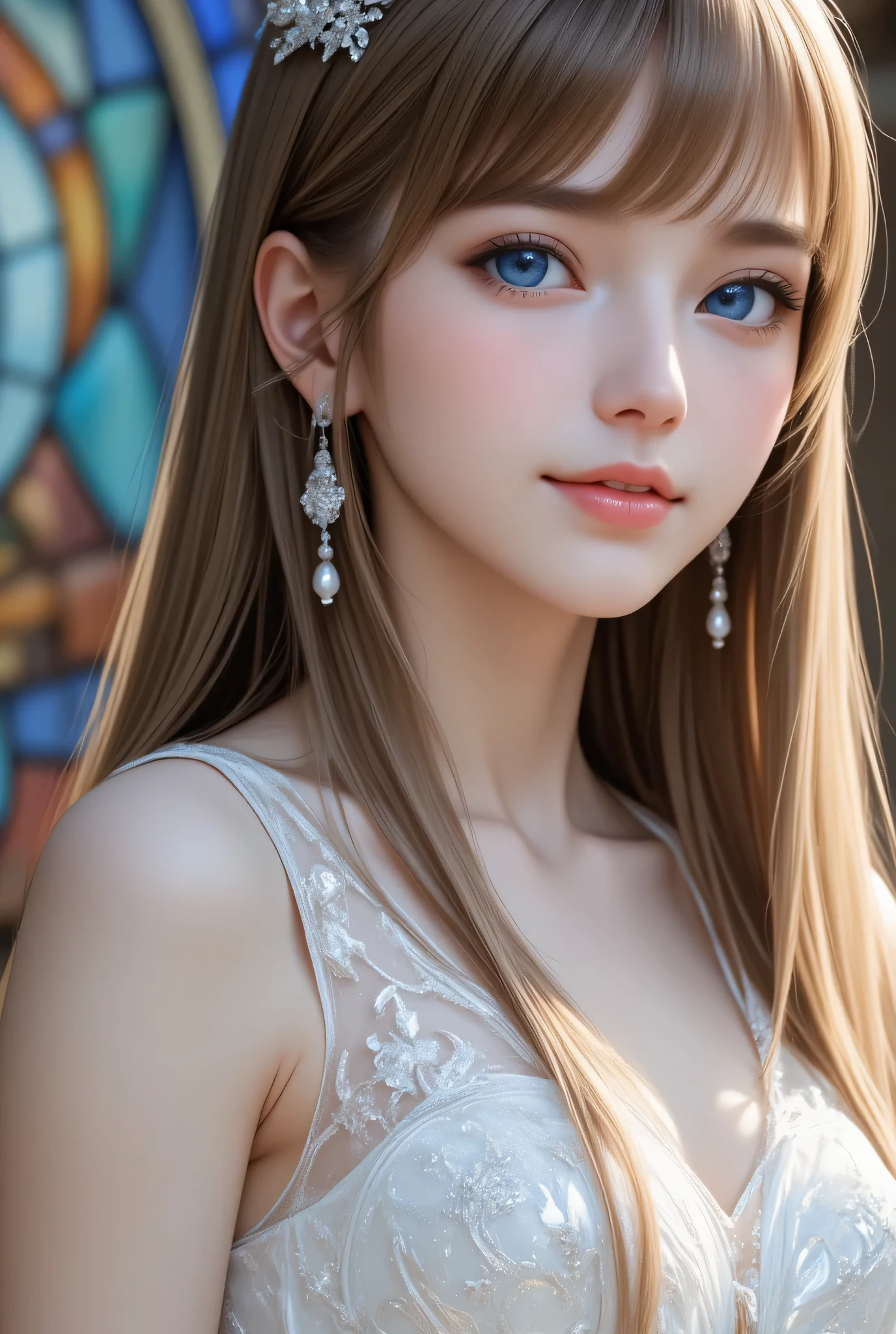 masterpiece, whole body shot,(super cute young face:1.5),(japanese idol face:1.3),very beautiful cute girl,(:1.2),(thirteen uisite smooth and silky long brown straight hair,fair skin,(happy cheerful smile),professional portrait,
(ball gown wedding dress :1),(super shiny white holographic costume :1.2),beautiful bride,beautiful dress skirt,
 narrow waist,(very beautiful costume :1.3),church stained glass window