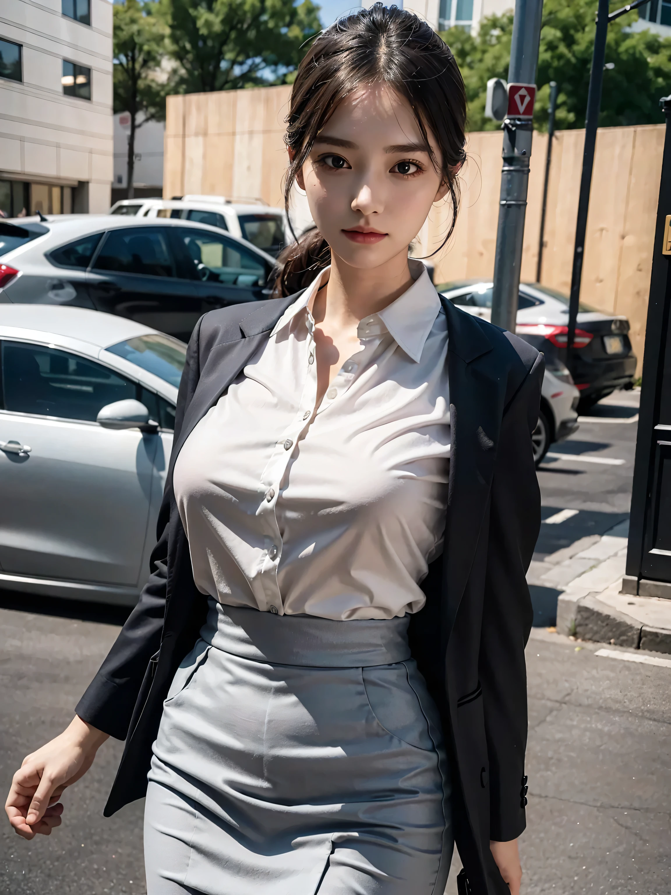 a 19 year old face of the most beautiful actress in the world, the perfect body proportions of a female, tight blazer is worn on formal shirt of upper body, panties between bare legs are seen just a little thanks to skirt of lower body is too short, bare thighs,shirt under tight blazer is covering large breasts, at the city street, standing, nsfw, best quality, highly detailed, masterpiece, ultra high res, photo realistic, 8k