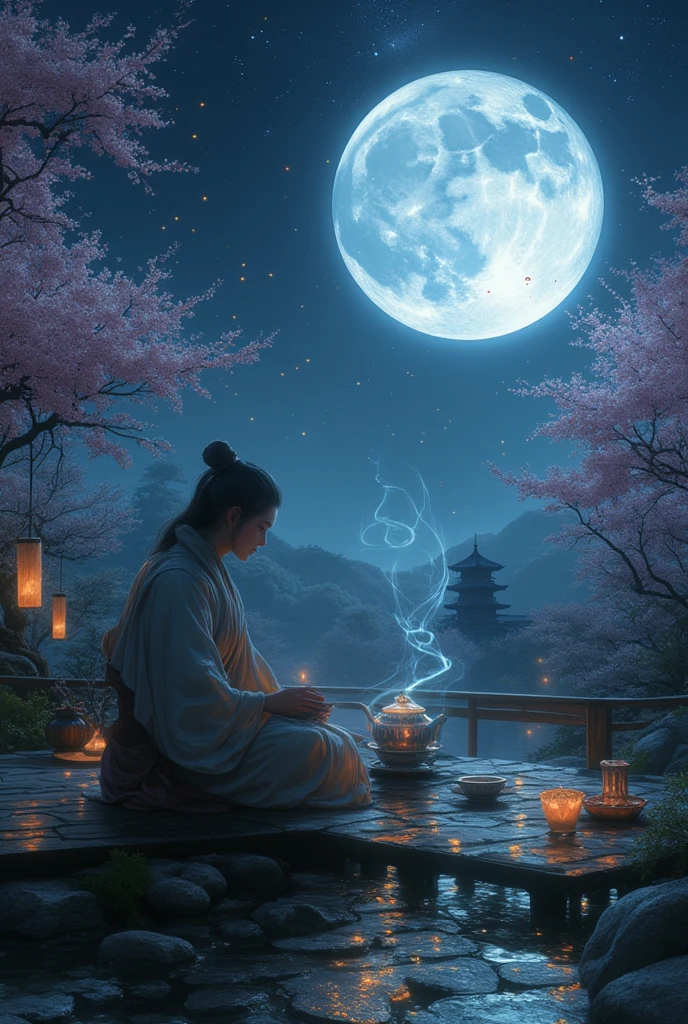 A serene and enchanting scene of a moonlit tea ceremony, where tradition and mysticism intertwine beneath a star-filled sky. A lone tea master, draped in flowing silken robes, sits gracefully at a lacquered wooden table set upon a tranquil garden terrace. The full moon hangs luminous above, casting a soft silver glow that shimmers across the delicate porcelain teaware. Wisps of steam curl elegantly from the teapot, illuminated by the moonlight as they dissolve into the cool night air.
The atmosphere is ethereal—paper lanterns float gently in the breeze, their warm golden light contrasting with the cool, silvery hues of the night. A koi pond reflects the celestial sky, rippling slightly as a soft wind whispers through the sakura trees, their petals drifting like fallen stars. Every movement is deliberate: the slow, precise pouring of the tea, the gentle clink of porcelain, and the quiet exhale of a deep breath, harmonizing with the stillness of the night.
A distant pagoda stands against the horizon, silhouetted by the glowing moon, while fireflies dance like floating embers above the moss-covered stone path leading to the ceremony. The overall atmosphere is one of peaceful introspection and quiet elegance, capturing the timeless beauty of tea culture under the enchanting embrace of the moonlit sky.