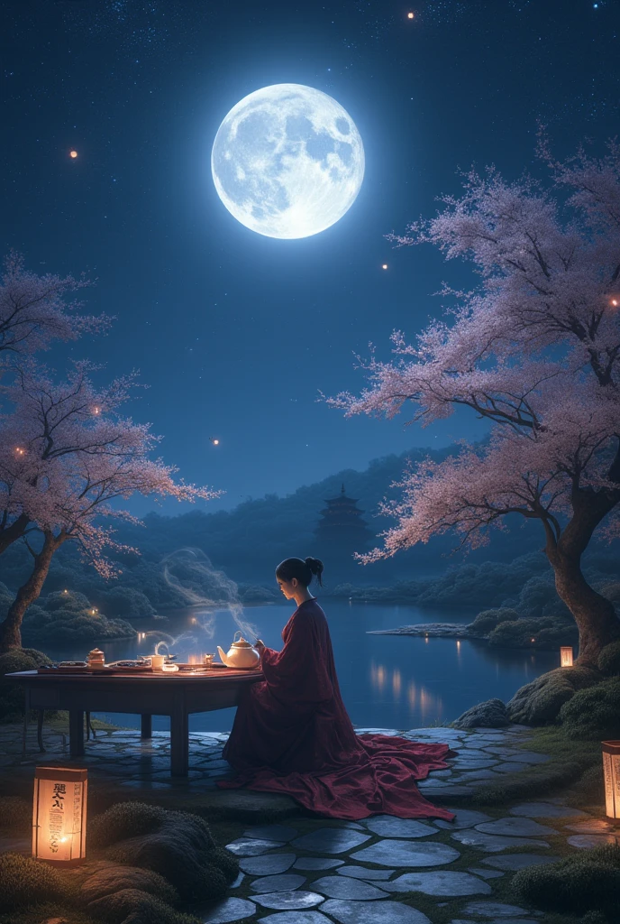 A serene and enchanting scene of a moonlit tea ceremony, where tradition and mysticism intertwine beneath a star-filled sky. A lone tea master, draped in flowing silken robes, sits gracefully at a lacquered wooden table set upon a tranquil garden terrace. The full moon hangs luminous above, casting a soft silver glow that shimmers across the delicate porcelain teaware. Wisps of steam curl elegantly from the teapot, illuminated by the moonlight as they dissolve into the cool night air.
The atmosphere is ethereal—paper lanterns float gently in the breeze, their warm golden light contrasting with the cool, silvery hues of the night. A koi pond reflects the celestial sky, rippling slightly as a soft wind whispers through the sakura trees, their petals drifting like fallen stars. Every movement is deliberate: the slow, precise pouring of the tea, the gentle clink of porcelain, and the quiet exhale of a deep breath, harmonizing with the stillness of the night.
A distant pagoda stands against the horizon, silhouetted by the glowing moon, while fireflies dance like floating embers above the moss-covered stone path leading to the ceremony. The overall atmosphere is one of peaceful introspection and quiet elegance, capturing the timeless beauty of tea culture under the enchanting embrace of the moonlit sky.