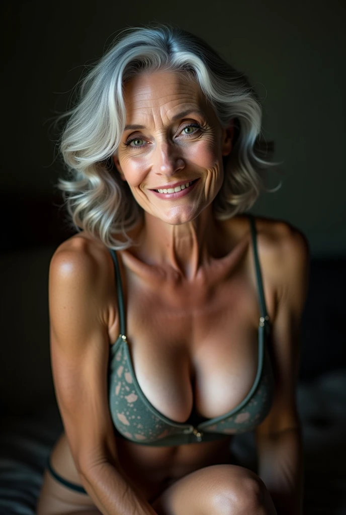 ((2womans)),(((top quality,realistic,masterpiece))),(65 years old:1.2),silver hair,(there are many wrinkles on her face:1.2),old woman,((erotic blue lingerie)),wave hair,erotic face,Enhance,midnight,Seductive pose,smile, Fantasy, Raise your arms