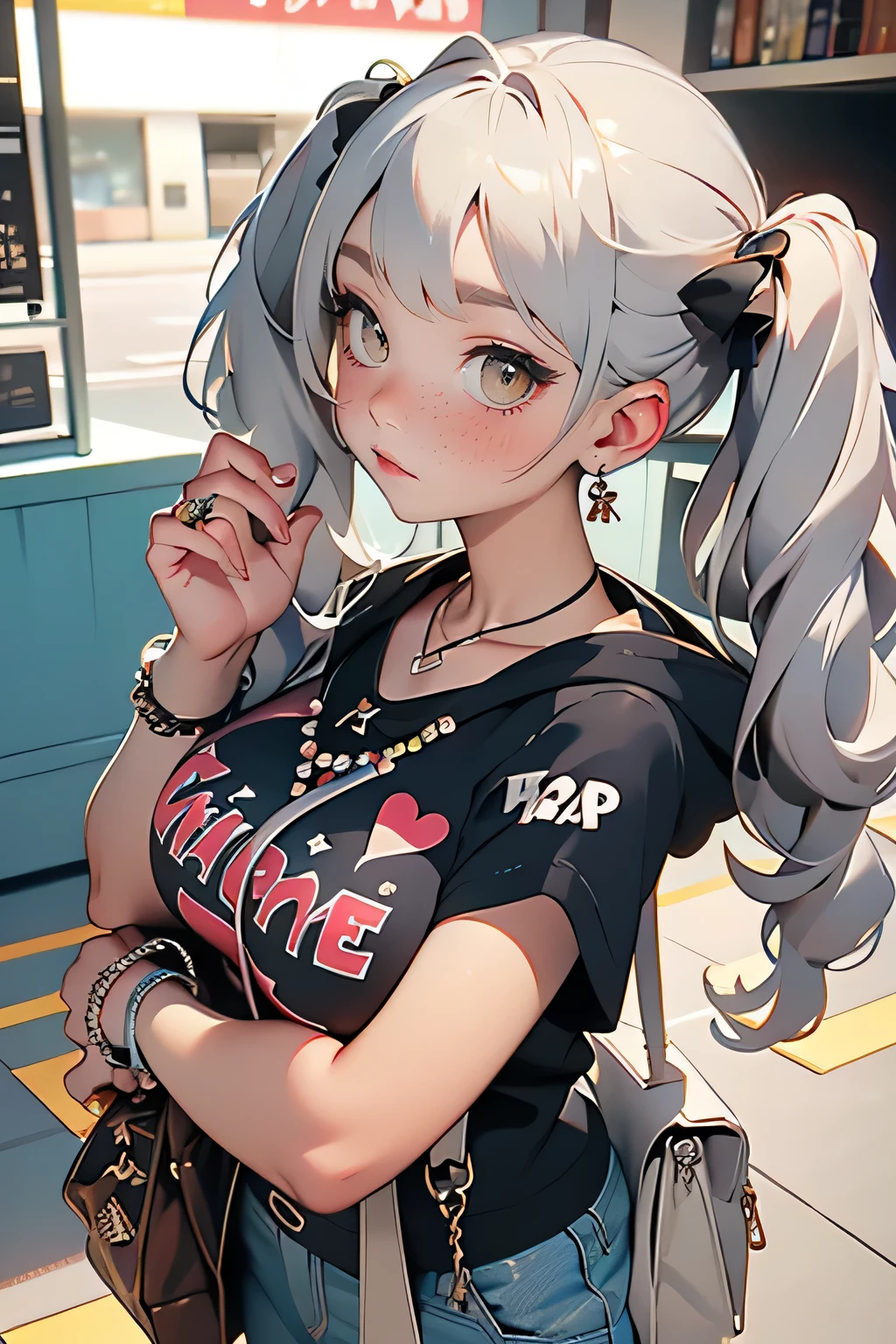 , Huge,  twin tails,  Silver Hair,  hoodie,  vintage gothic,  temporarily stop ,  cute,  looks up,  high quality,  necklace, ring,  bracelets with weapons, Earrings