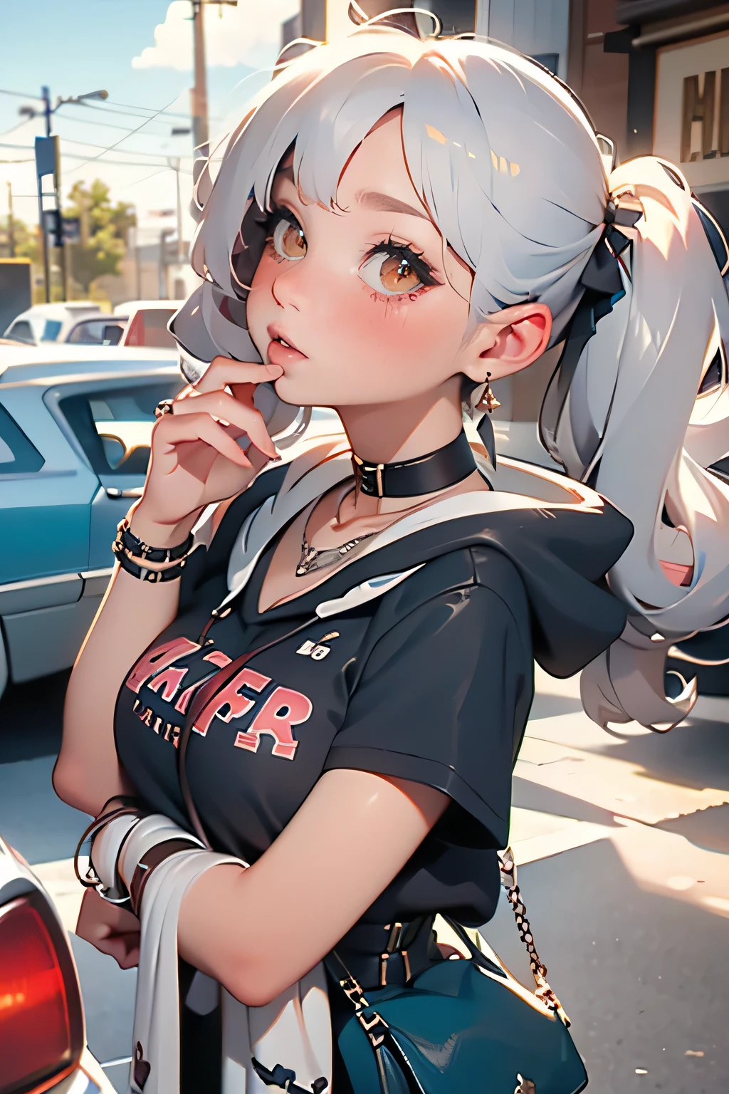 , Huge, twin tails, Silver Hair, hoodie, vintage gothic, temporarily stop , cute, looks up, high quality, necklace, ring, bracelets with weapons, Earrings