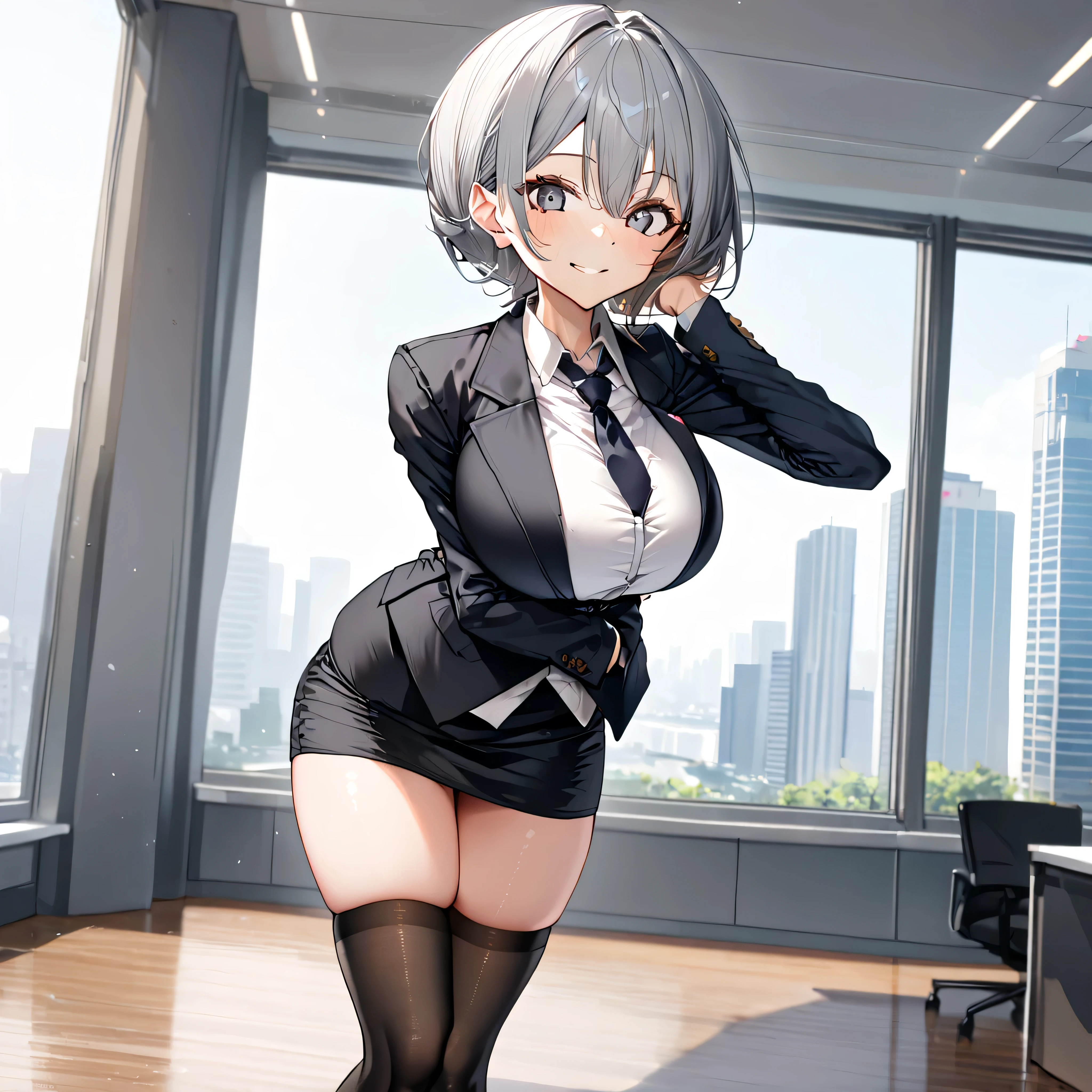 masterpiece, landscape, office, skyscrapers in distance, BREAK, (1 skinny girl standing), arched back, arms behind back, bouncing breasts, smile for viewer, BREAK, business suits, (black blazer:1.3), white blouse under blazer, necktie, (black short pencil skirt cinches underbust too tight), thigh gap, (black thighhighs), stiletto heels, BREAK, narrow shoulders, (bursting large breasts), (too short torso), too narrow waist, (too short waist), (small stomac), (skinny hip), (long skinny legs), BREAK, puffy nipples covered by blouse, (erectile nipples covered by blouse:0.1)