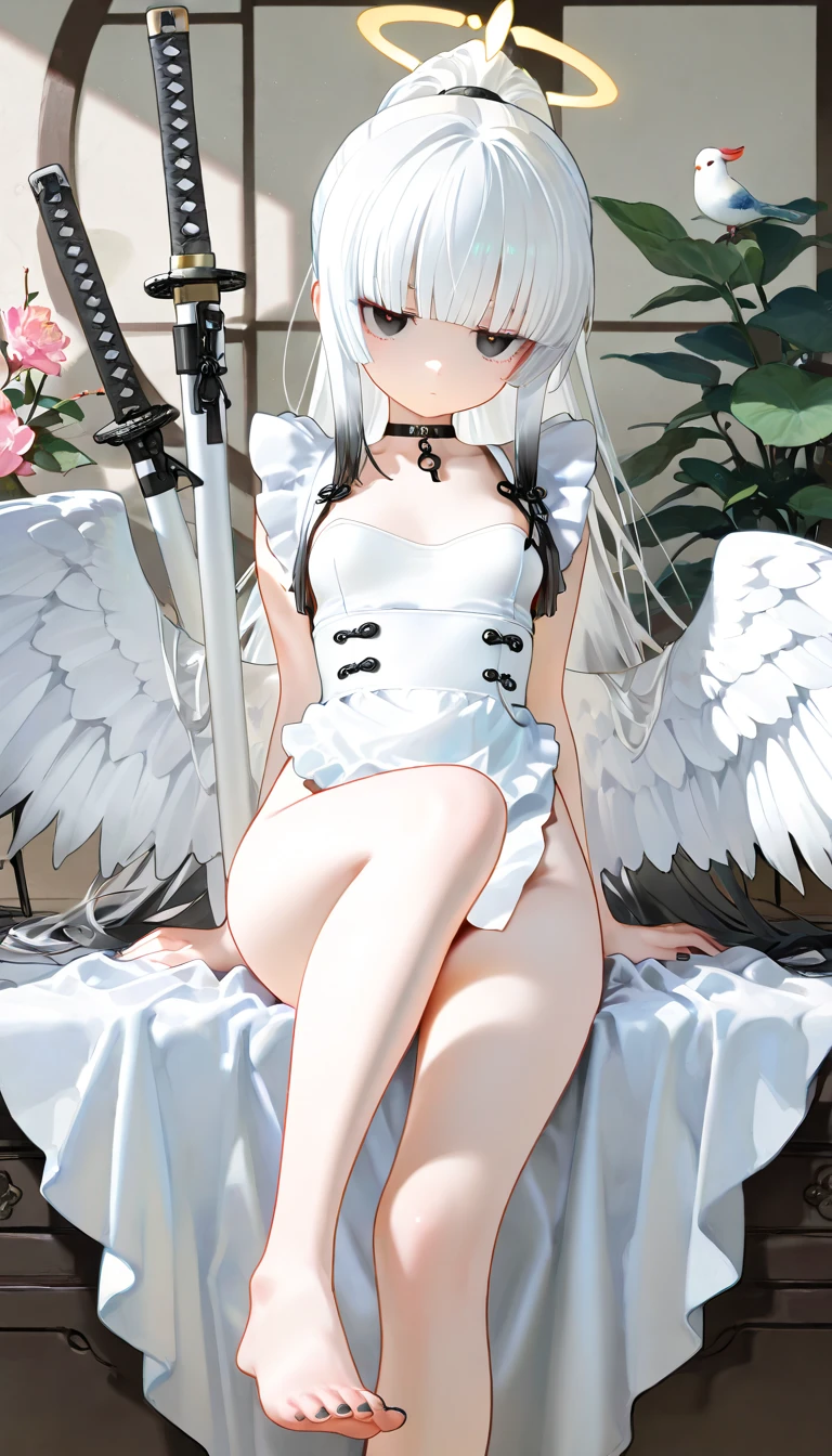  ((best quality)), ((masterpiece)), (detailed), 1girl, Character design, female, dynamic poses, long white grey hair, grey white eyes, very skinny, detailed, best quality, no accesoires around the neck, no shoes, prominent collarbones, skinny arms, flat stomach, visible hip bones, full body, blank white background, plain background, white background, red and white clothing, Bloodborne inspired, occult aesthetic, occult, detailed and intricate steampunk and detailed gothic, NSFW, Very dramatic and cinematic lighting, cosmic horror, grim-dark, side-lighting, perfect face, NSFW, Fluttering lace flared long knee length dress with frilly petticoats, knee length dress, pleated petticoats, petticoats gothic, complex lace boots, side-lighting, gothic aesthetic, wielding a mighty sword with mechanical components, mandalas, small breasts, a fairy, various different types of insect wings, NSFW, full body, whole body, body, plain background, white background, blank background, no background, white background NSFW, chains, full body, whole body, head-to-toe NSFW 