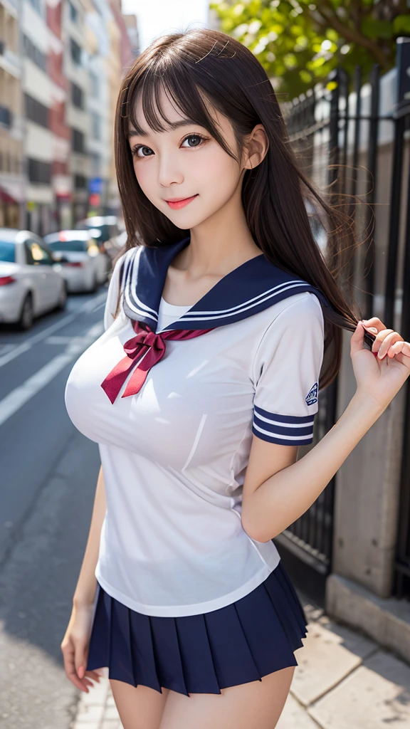 (masterpiece, highest quality:1.2), 8k, official art, RAW photo, incredibly absurd, ( sailor suit, serafuku:1.4), amazing beautiful girl, amazingly cute face, (navy pleated skirt:1.1), close, school uniform, short sleeve, gardenia, violaces, teen, street, looking at the viewer with a smile, no makeup, film grain, chromatic aberration, sharp focus, face light, dynamic lighting, cinematic lighting, detailed eyes and face,short hair、(((white skin without moles)))、 background bokeh、super slim thighs、((Erotic Panties are showing through、beautiful pussy line))、(High twin tails with ribbons:1.4),,((((A very young looking girl:1.3))))、(very young  with big breasts:1.2)