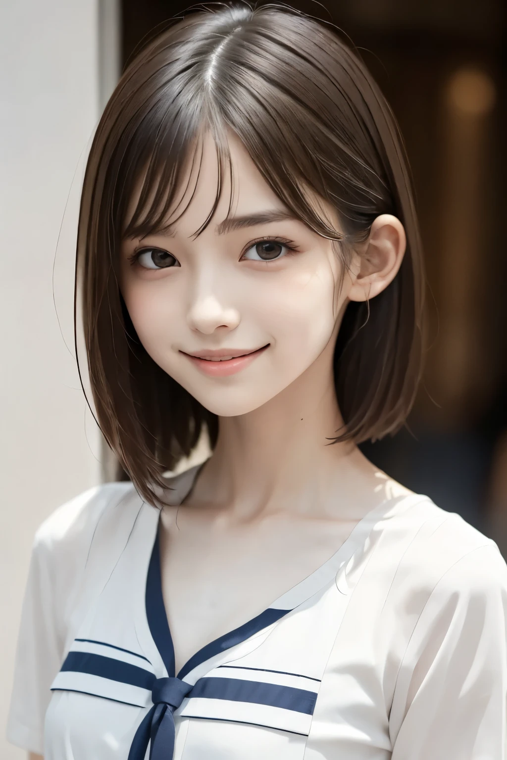 masutepiece, Best Quality, 8K, 8ars old, , Raw photo, absurderes, award winning portrait, Solo, Idol face, Delicate girl, Upper body, Digital SLR, Looking at Viewer, Candid, Sophisticated,Thin arms, Professional Lighting, Film grain, chromatic abberation, (Eyes and faces with detailed:1.0), (Bokeh:1.1) , (Sailor Uniform:1.1) , (A smile,closes mouth:1.2) , A dark-haired , drooing eyes , huge-breasted , (Plump lips:1.2) , 15ear face de pele branca , a bed , Short hair