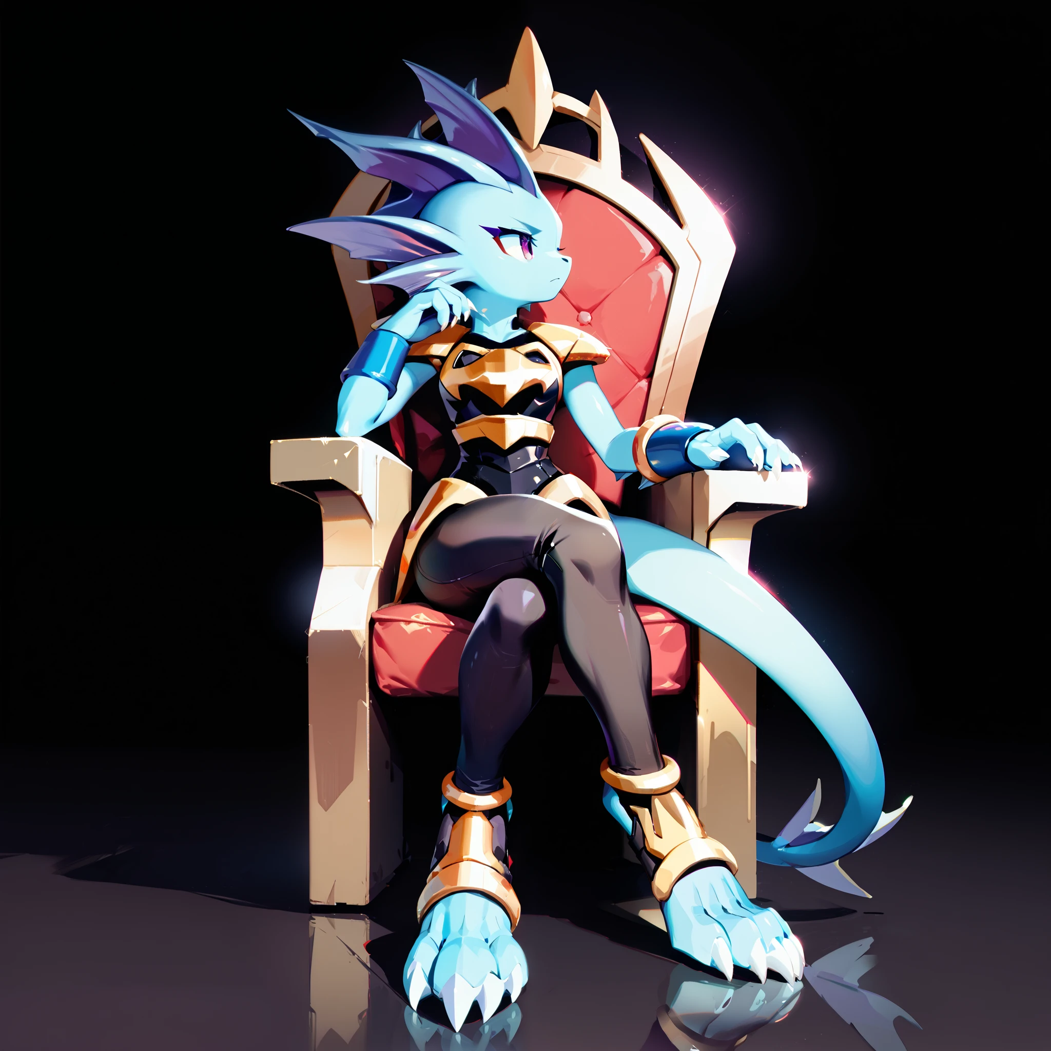 Anime, ((anime style)), solo drawing, solo, ((three-quarter view)), ((looking away from viewer)), ((Dark Background)), ((Sitting on a high tech throne)), ((vivid purple eyes)), ((draconic ear fins)), ((head fins)), ((tall figure)), ((blank expression)), ((digitigrade legs)), ((digitigrade feet with four toes)), ((highly detailed anime style)), clean lines, claws, Merga from freedom planet 2, female, light armor, ((blue skin)), ((blue hands)), black armor with gold trim, white claws, short muzzle, leg armor, ankle armor, ((black leggings under armor))