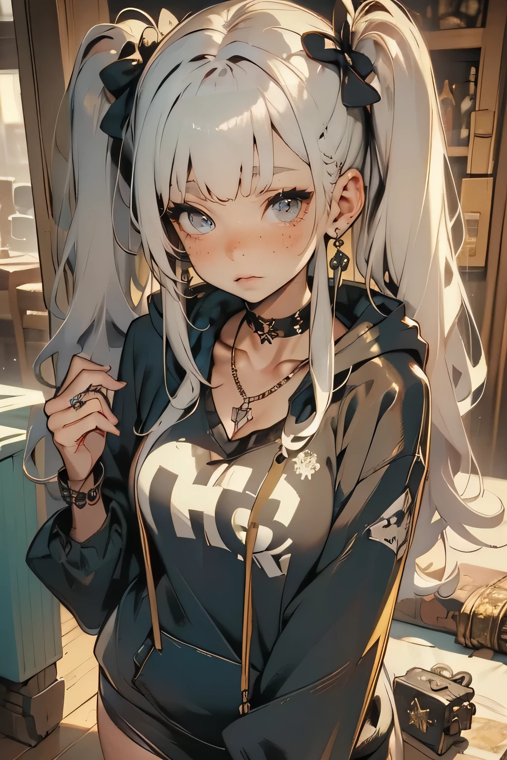 Huge,  twin tails,  Silver Hair,  hoodie,  vintage gothic,  temporarily stop ,  cute,  looks up,  high quality,  necklace, ring,  bracelets with weapons, Earrings