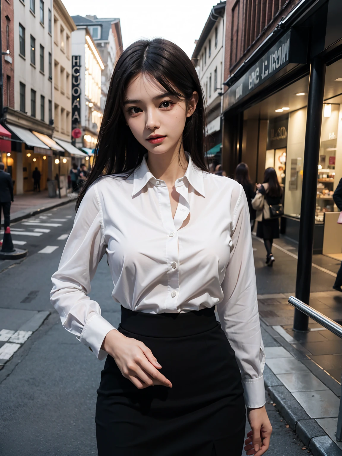 Masterpiece, best picture quality, high quality, beautiful woman, Japanese, detailed, detailed eyes, detailed skin, beautiful skin, ultra high resolution, (reality: 1.4),very beautiful, slightly younger face, beautiful skin, slender, (ultra realistic), (highresolution), (8K), (very detailed) (beautifully detailed eyes), (super detailed), (wallpaper), (detailed face), looking at viewer, fine details, detailed face, sad, dress shirt, pants, looking straight ahead, looking straight ahead, angle from waist up, realistic photo, bright lighting, professional lighting, mature woman, brown hair, sway in the wind shoulder length straight hair, bangs,