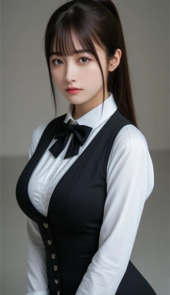 Top quality, 8k, 32k, Masterpiece, photorealistic, realistic, (photorealistic:1,4), solo, slight smile, dramatic lighting, professional makeup, breasts, (natural big breasts: 1.3), (seductive), beautiful white face shining, beautiful face, pink cheeks, beautiful lips, porcelain skin, detail intricate, super detailed, super high, highest detailed, high detailed, delicate, incredible detailed, fine detailed, cinematic lighting, top quality, smooth and beautiful, CG, unity, 8k wallpaper, Stunning, fine detail, unity CG wallpaper 8k ultra-detailed, large file size, ultra-detailed, high resolution, incredible detail, stunning detail, depth of field, kanaotsuyuri, kanao tsuyuri, black hair, butterfly, butterfly hair ornament, (purple eyes:1.1), side ponytail, ponytail, 
BREAK black skirt, cape, demon slayer uniform, long sleeves, pleated skirt, skirt, white cape,
BREAK looking at viewer,
BREAK indoors, classroom,
BREAK (masterpiece:1.2), best quality, high resolution, unity 8k wallpaper, (illustration:0.8), (beautiful detailed eyes:1.6), extremely detailed face, perfect lighting, extremely detailed CG, (perfect hands, perfect anatomy), looking at viewer