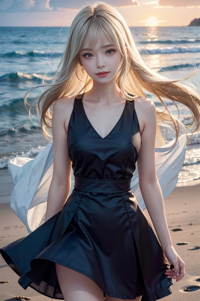 1 girl, blonde hair, gray hair, long hair, bangs, sparkling eyes, long eyelashes, eyes shine, compensate, smile, written boundary depth, from below, silhouette, from behind, wide shot, f/1.4, 135mm, canon, nffsw, retina, Accurate, anatomically correct, rough skin, Super detailed, advanced details, high quality, 最high quality, High resolution, 8K, (Woman walking on the beach at sunset), 逆光のsilhouette, (transparent white lace dress), ((光を通して体のsilhouetteが見える)), (hair blowing in the wind), (Skirt soars in the wind)