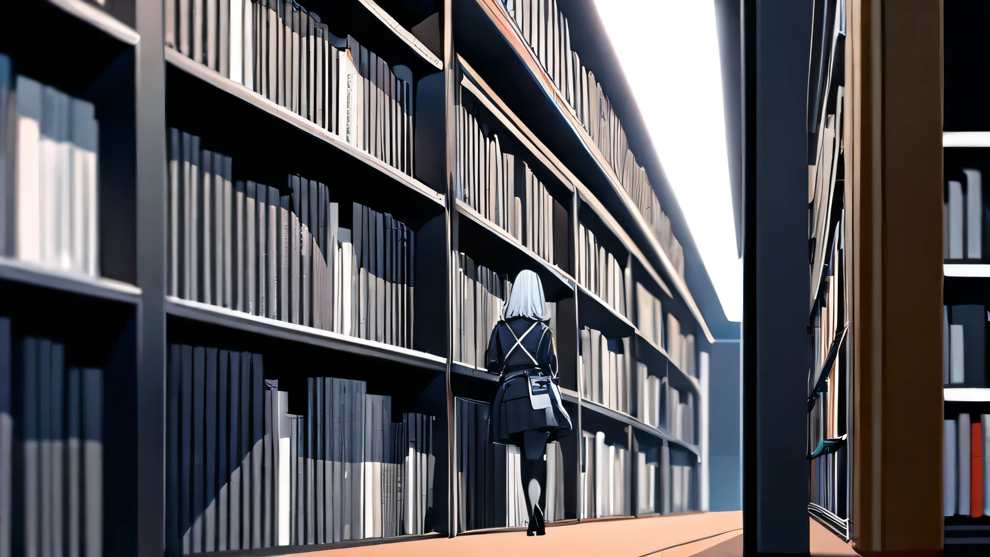 Stylish futuristic bookstore , girl,Drinking coffee、Looking for a book ,A record is displayed on the wall、 store wearing a uniform、dark haired high school girl in uniform Walking figure 、I'm looking for books、Back view、 highest quality, Masterpiece, Detailed Skin Texture , DETAILED CLOTH TEXTURE, detailed face, super detailed, 8k, intricate details, high contrast, high resolution eyes, uniform、 beautiful girl、