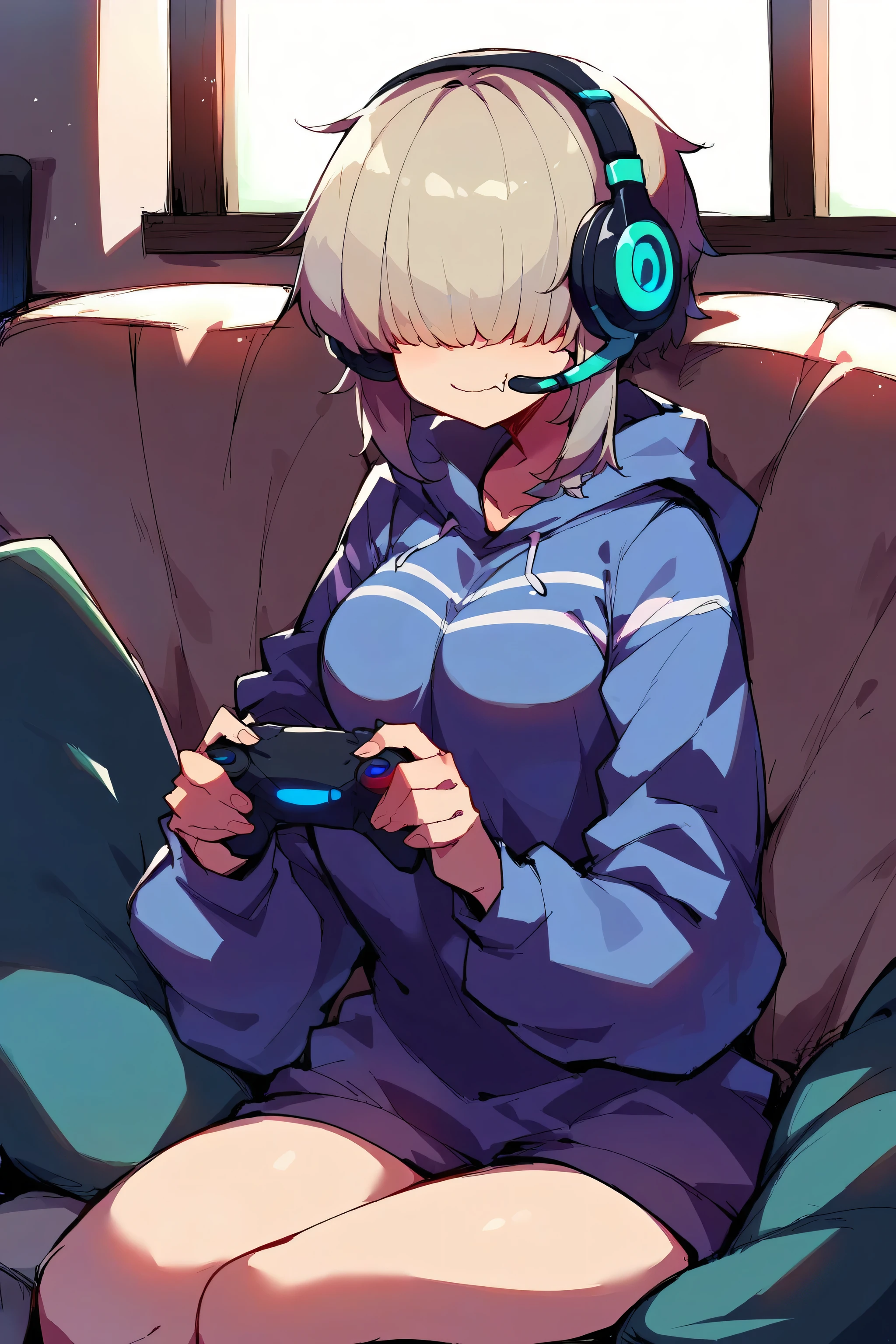 score_9, score_8_up, score_7_up, source_anime, cowboy shot, smile, ynguzk, fang, covered eyes, short hair with long locks, headphones, hoodie, no pants, oversized clothes, indoors, sitting, playing games,
