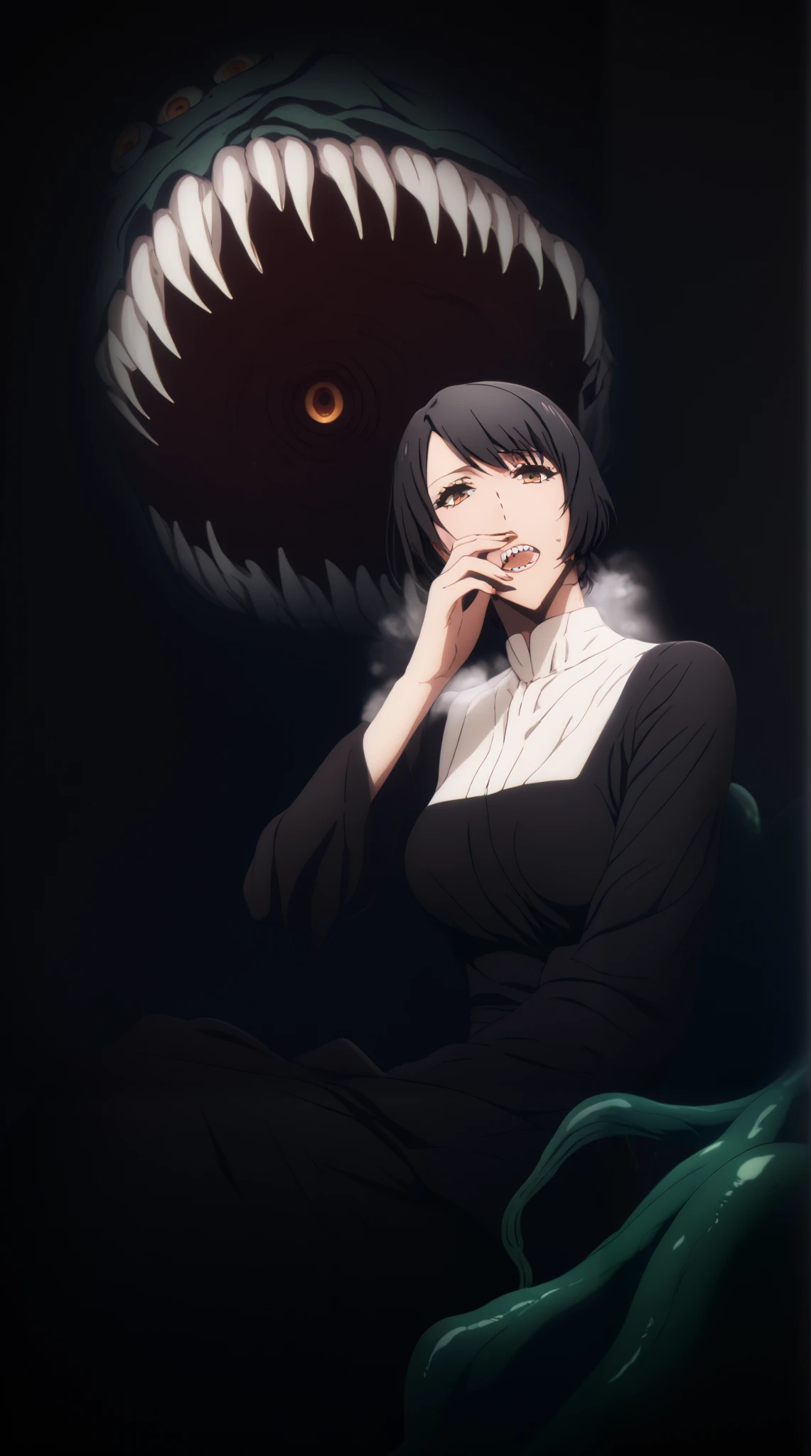 score_9, score_8_up, score_7_up, score_6_up, score_5_up, score_4_up, uncensored, mari watanabe, short hair, black hair, brown eyes, 3d, cgi, (voluptuous:1.3), (thick:1.3), BREAK UHD, retina, masterpiece, accurate, anatomically correct, textured skin, super detail, high details, high quality, award winning, best quality, highres, 4K, excessive sweating, sweating, sweating drop, (gasping, heavy breathing:1.3), (skindentation:1.2), perfect eyes, beautiful eyes, eyelashes, makeup, detailed body, perfect body, BREAK, 1girl, monster, sitting, teeth, looking_at_viewer, dress, black_dress, sharp_teeth, tentacles, open_mouth, solo, extra_eyes, eldritch_abomination, fingernails