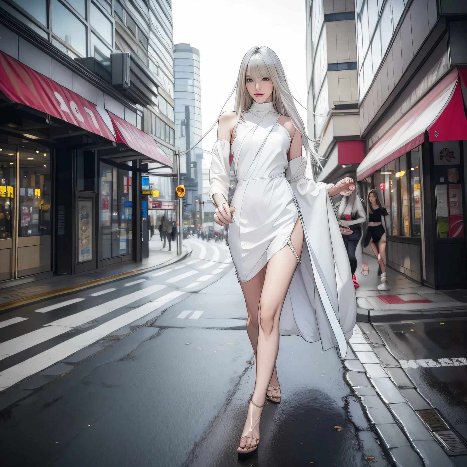 (RAW photo:1.2), (realistic), beautiful detailed girl, highly detailed eyes and face, thin and beautiful eyes, huge file size, High resolution, very detailed, highest quality, [table top:1.6], shape, very detailed, small details, highest quality, 8k wallpaper, movie lighting, Japan girl at 15 years old,White Day, The white chocolate dress is almost melted., It&#39;s so hot that my white chocolate dress is melting and my underwear is showing., My dress melts and I&#39;m in my underwear, on the road in the city center, white underwear, white bra is visible,   white panties are visible, Because I&#39;m slender, young face, small breasts, exposed underwear, White Dayのプレゼント, white chocolate hair ornament, white chocolate accent underwear, cute underwear, Cityscape lined with buildings, Melted white chocolate