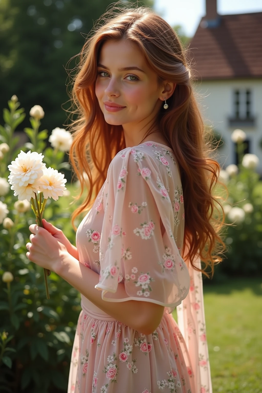 a modern British woman, is standing with her body slightly turned to the side, one foot gently crossed in front of the other. She has one hand resting lightly on her hip, while the other hand delicately holds the hem of her floral dress. Her head is slightly tilted, and she looks at the camera with a soft, innocent smile. Her wavy auburn hair cascades over her shoulder, and her large, doe-like green eyes add to her angelic appearance. Her British frame, with a slim waist, small breasts, and rounded hips, is fully visible, showcasing her gentle curves in a graceful, full-body pose.