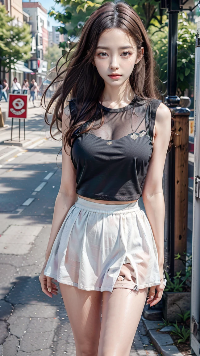 masterpiece, Highest quality, One Girl, Thighs, beautiful girl, Flowers, たくさんの小さなflower, flower、Tight waist, RAWphotograph,Bright lighting、Face Light, Ultra-realistic, High resolution, photograph, Sharp focus, Highly detailed eyes and face,Symmetrical face, whole body、Long black hair、チラリと見えるThighs、Emphasized cleavage、((Lace sleeveless shirt、Transparent long skirt、Walking briskly))、Seaside、Showing off cleavage、Breasts are visible