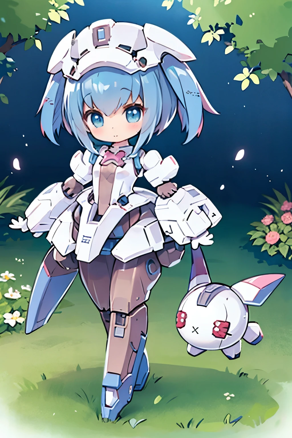 ( highest quality:1.2)。robot girl。 one girl。Enjoy a stroll in the elegant garden、cute little robot。