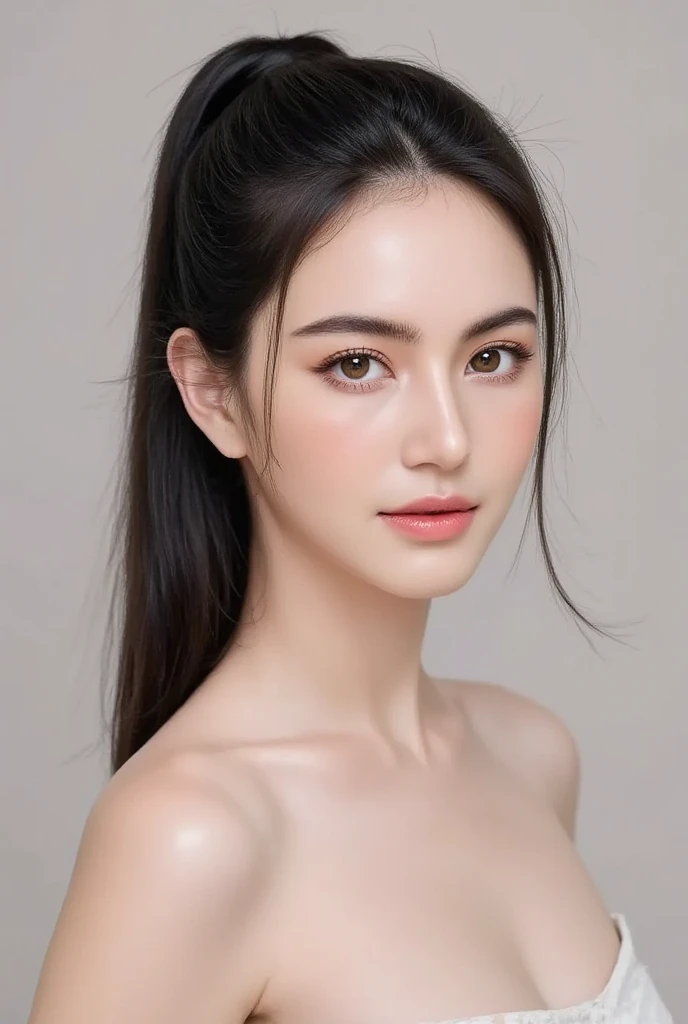 Lipstick in hand,Cosmetics commercial style,Commercial filming studio,close up face,fully body photo,masutepiece, The highest image quality, High quality, the background is clear,Beautiful woman, Japanese, Detailed, Ultra-detailed, finely detail, hight resolution, 8K Wallpaper, Perfect dynamic composition, Beautiful detailed eyes ,Detailed eyes, Detailed skin, Beautiful skin, 超hight resolution, (reality: 1.4),Very beautiful woman, Slightly younger face, Beautiful skin, slender, (Ultra photo realsisim), (hight resolution), (8K), (Very detailed) (beautifully detailed eyes), (super detailed), (Detailed face), view the viewer, Fine details, Detailed face, Staring straight ahead, Staring straight ahead, photos realistic, Bright lighting, Professional Lighting, Black hair,poneyTail,a baby face,sixteen years old,Hairstyle: ponytail,Long ponytail hairstyle,slight smile,