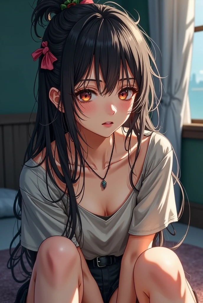(masterpiece, best quality:1.4), 8k, Black Hair, Red Highlights Hair, Messy Braided twintail, Young adult, anime girl, Annoyed, Angry, Big Chest, light yellow Eyes, in the Bathroom, White Towel (detailed eyes and face, sharp pupils, realistic pupils:0.6)