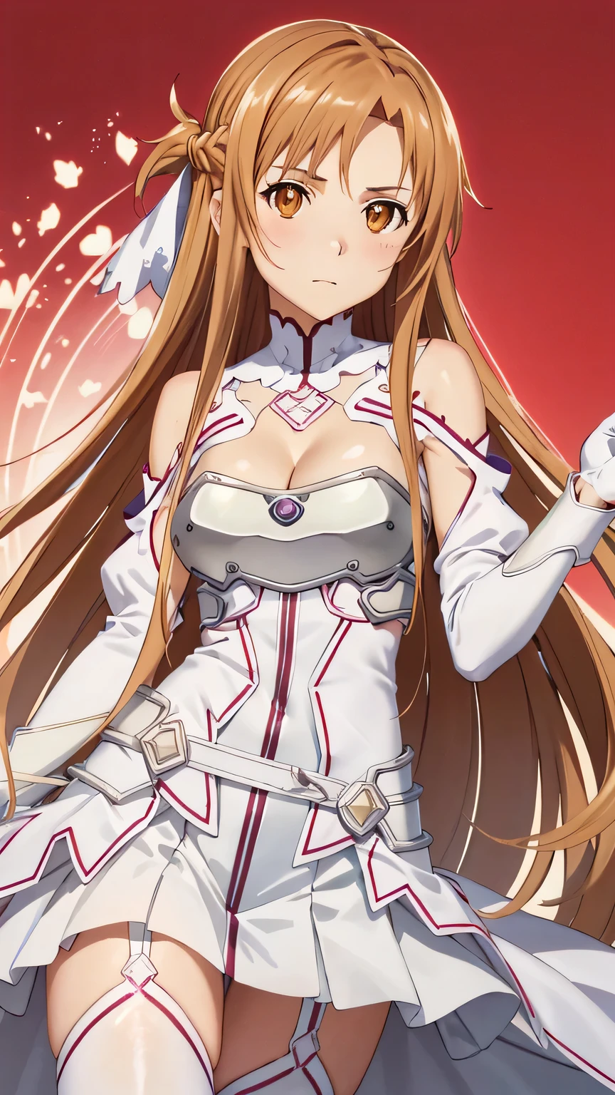{{{masterpiece}}}, (best quality:1.5), (ultra-detailed:1.5), {illustration}, {{an extremely delicate and beautiful}}, (beautiful detailed eyes:1.6), absurdres, highres, extremely detailed face, 16k, hd, visual anime de uma jovem mulher, extremamente bonito rosto de anime, anime melhor garota, (perfect hands, perfect anatomy), anime face, Yuuki Asuna(Sword Art Online), aaasuna, Eft_sao_asuna, 1girl, solo, cute face, very long hair, brown hair, braid, crown half up, sidelocks, swept bangs, black pupils, (brown eyes:1.8), medium breasts, big hips, curvaceous, BREAK, white leotard, gloves, white dress, (cleavage:1.0), bare shoulders, white gloves, (chest open:1.0), armor, white thighs, white thighhighs, garter straps, white armor, thighs, zettai ryouiki,
