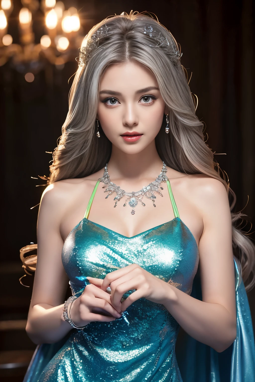 best work,Super high quality work,4K:2.0,ultra high definition,8K HD CG production,High quality graphics,3D high-definition CG photos,Ultra high pixels,Super exquisite:1.1,technical details:1.1,indoor light Light effect result:1.1,Natural dimming,Light effect,Ultra high resolution large files,fashion clothing photos,Exquisite and sexy woman,A mature and sexy woman,Royal sister temperament,Characteristics of European and American women,Mixed-race beauty,Temperamental type goddess,silver hair,She has long white and silver hair,clear hair,Careful hair texture(Premium hair details:1.1)Beautiful and delicate eyebrows and eyelashes,big eyes,light red eyes,sexy red lips,perfect lip shape,clear skin texture,hydrated skin(Advanced facial details:1.1)The face of a perfect goddess,perfect body shape,Top supermodel,devilish figure,Buttocks raised,Men’s waists are all thin,long legs,(Advanced skin details:1.1),Smooth,Wear evening gown,alice bluedress, ((glow dress:1.5))sequin evening dress,dress dress,silk scarf,lace dress(Premium lace details:1.1)alice blue,High heel,livestock,Wear jewelry,ear nipple ring,necklace,bracelet,Having dinner,full-body shot,Costume Art Photos,high quality work