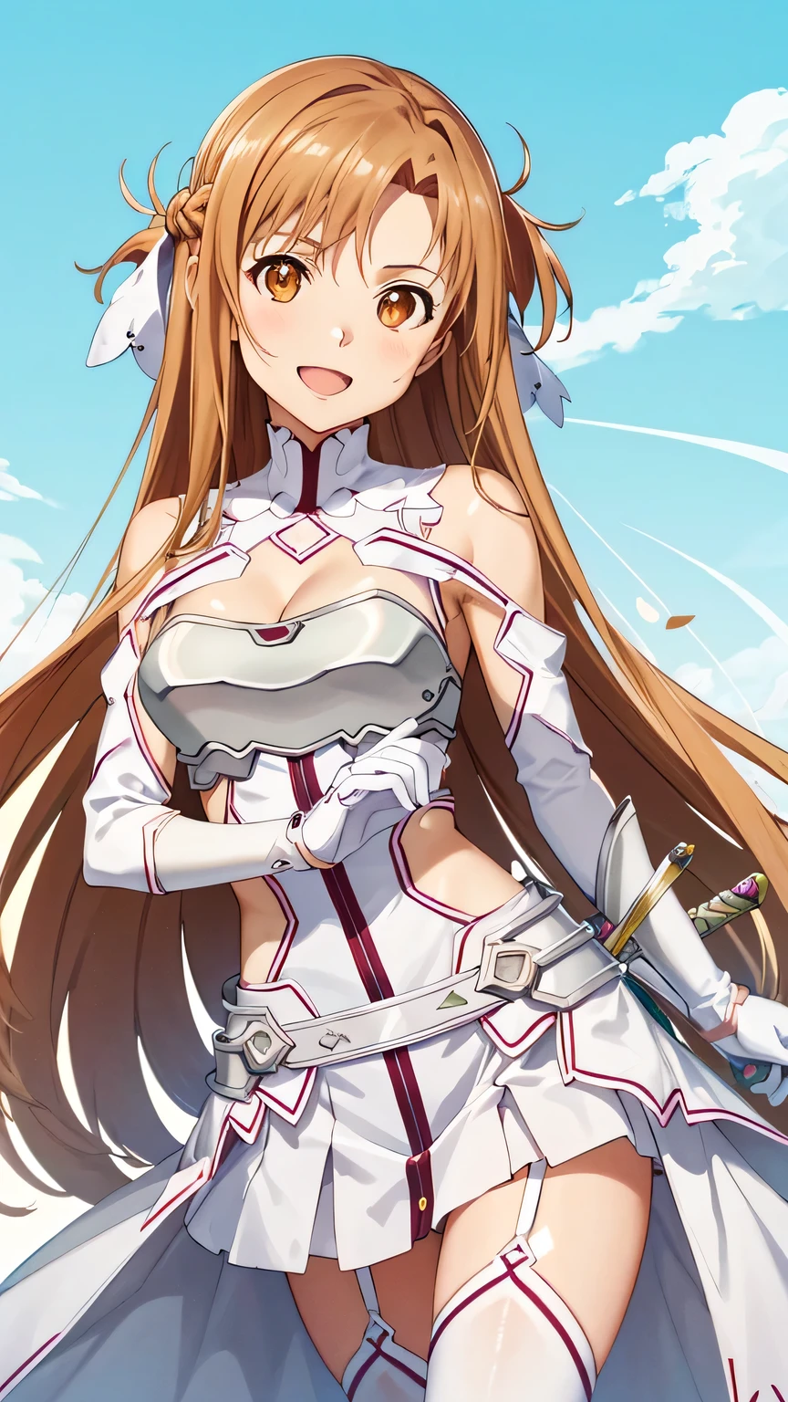 {{{masterpiece}}}, (best quality:1.5), (ultra-detailed:1.5), {illustration}, {{an extremely delicate and beautiful}}, (beautiful detailed eyes:1.6), absurdres, highres, extremely detailed face, 16k, hd, visual anime de uma jovem mulher, extremamente bonito rosto de anime, anime melhor garota, (perfect hands, perfect anatomy), anime face, Yuuki Asuna(Sword Art Online), aaasuna, Eft_sao_asuna, 1girl, solo, cute face, very long hair, brown hair, braid, crown half up, sidelocks, swept bangs, black pupils, (brown eyes:1.8), medium breasts, big hips, curvaceous, BREAK, stacia, white leotard, white dress, white armor, (cleavage:1.0), bare shoulders, gloves, white gloves, (chest open:1.0), armor, white thighs, white thighhighs, garter straps, thighs, zettai ryouiki, BREAK, open mouth, smiling, female swordsman, weapon, 1 sword, rapier(Lambent Light), (long thin sword:1.3), holding, (hold a sword with one hand:1.2), with sword in hand, battle, swing sword, breastplate, dungeon, aisle, upper body, isometric drawing