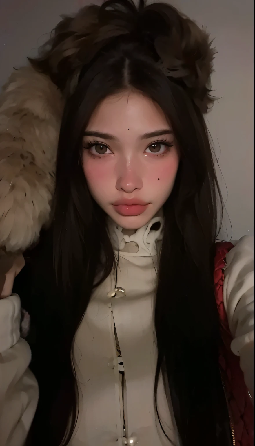 <lyco:lyco_humans_v10>, full lips with dark maroon lipstick, full lips with prominent cupid's bow, full of life, funky, fur coat, futuristic, face of man with a mustache