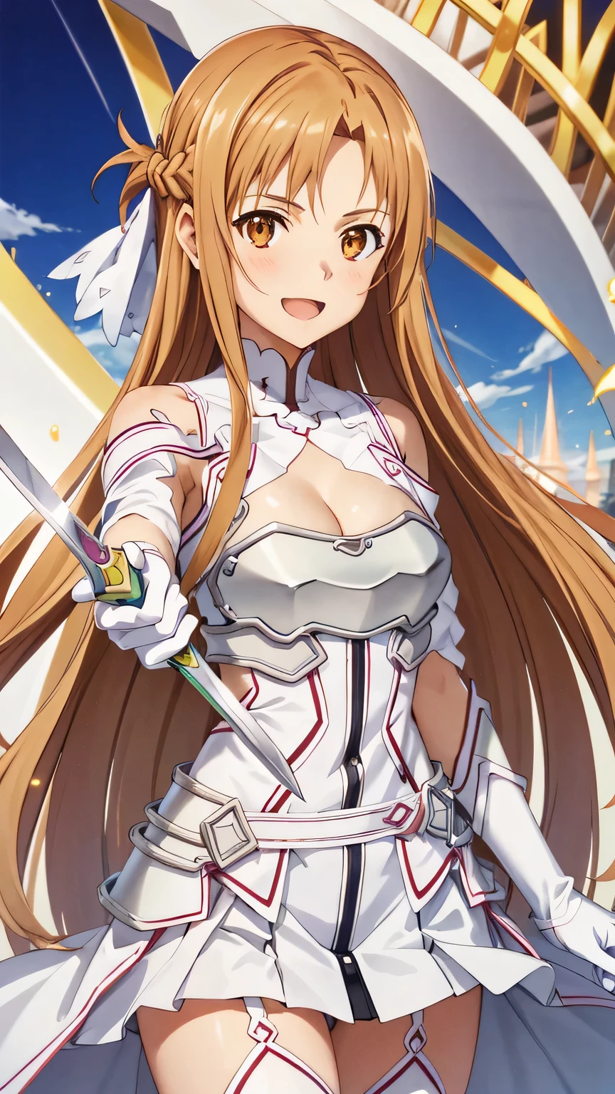 {{{masterpiece}}}, (best quality:1.5), (ultra-detailed:1.5), {illustration}, {{an extremely delicate and beautiful}}, (beautiful detailed eyes:1.6), absurdres, highres, extremely detailed face, 16k, hd, visual anime de uma jovem mulher, extremamente bonito rosto de anime, anime melhor garota, (perfect hands, perfect anatomy), anime face, Yuuki Asuna(Sword Art Online), aaasuna, Eft_sao_asuna, 1girl, solo, cute face, very long hair, brown hair, braid, crown half up, sidelocks, swept bangs, black pupils, (brown eyes:1.8), medium breasts, big hips, curvaceous, BREAK, stacia, white leotard, white dress, white armor, (cleavage:1.0), bare shoulders, gloves, white gloves, (chest open:1.0), armor, white thighs, white thighhighs, garter straps, thighs, zettai ryouiki, BREAK, open mouth, smiling, female swordsman, weapon, 1 sword, rapier(Lambent Light), (long thin sword:1.3), holding, (hold a sword with one hand:1.2), with sword in hand, battle, swing sword, breastplate, dungeon, aisle, upper body, isometric drawing