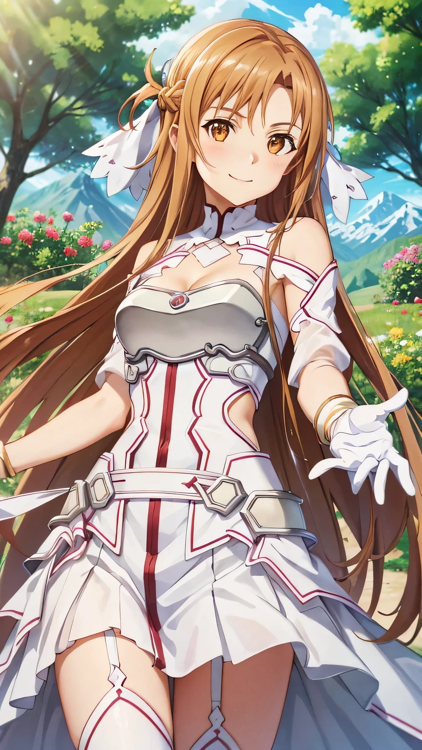 {{{masterpiece}}}, (best quality:1.5), (ultra-detailed:1.5), {illustration}, {{an extremely delicate and beautiful}}, (beautiful detailed eyes:1.6), absurdres, highres, extremely detailed face, 16k, hd, visual anime de uma jovem mulher, extremamente bonito rosto de anime, anime melhor garota, (perfect hands, perfect anatomy), anime face, Yuuki Asuna(Sword Art Online), aaasuna, Eft_sao_asuna, 1girl, solo, cute face, very long hair, brown hair, braid, crown half up, sidelocks, swept bangs, black pupils, (brown eyes:1.8), medium breasts, big hips, curvaceous, BREAK, stacia, white leotard, white dress, white armor, (cleavage:1.0), bare shoulders, gloves, white gloves, (chest open:1.0), armor, white thighs, white thighhighs, garter straps, thighs, zettai ryouiki, BREAK, smiling, looking at viewer, flushed cheeks, flash effect, outdoor, mountain, daytime, forest, flower garden, field, sunshine, peer in from below