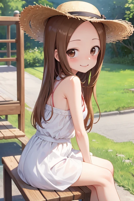 Takagi-san、Shiny brown hair, Long Hair,((Forehead、Center part))、 Beautiful brown eyes、smile、Sparkling eyes, (fine grain)、Very fine eye、Very detailedな顔, Very detailedな目,
Highest quality, Great quality, 16K, Unbelievably absurd, Very detailed, 2.5D, delicate and dynamic,
blue sky, White mini dress、cute、Sit on a park bench with your feet up、Spread your legs wide、Panty shot