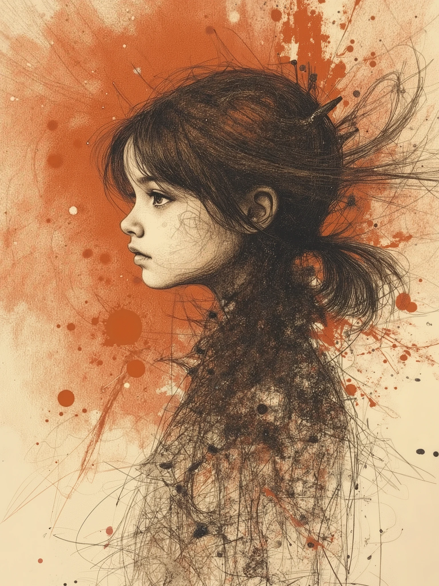 Super detailed abstract charcoal sketch, coarse touch of sepia, neo-expressionism, one girl, medium hair, her hair stands on end, bokeh, faded, abundant negative space, the background is a terracotta color gradient from top to bottom, masterpiece.