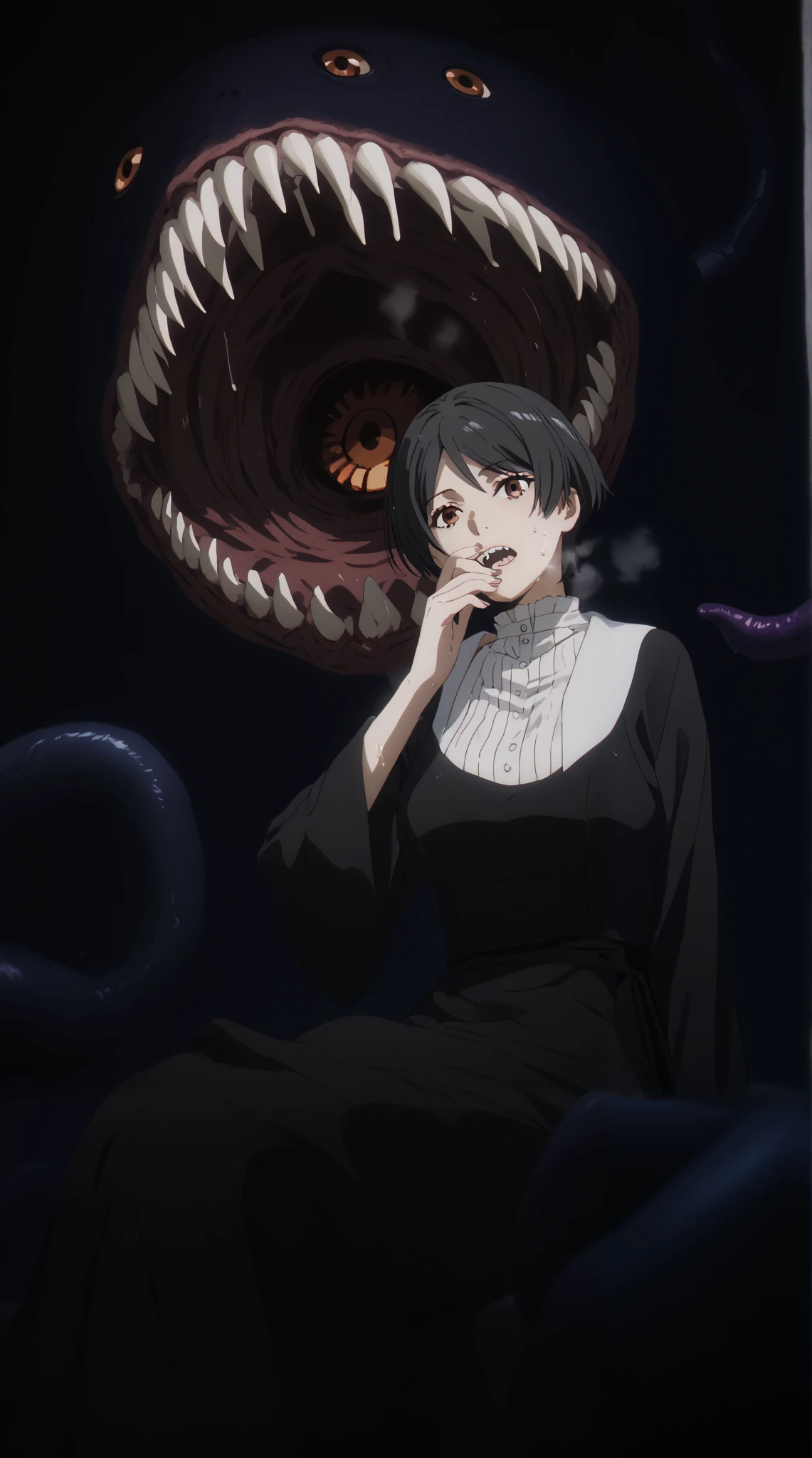 score_9, score_8_up, score_7_up, score_6_up, score_5_up, score_4_up, uncensored, mari watanabe, short hair, black hair, brown eyes, 3d, cgi, (voluptuous:1.3), (thick:1.3), BREAK UHD, retina, masterpiece, accurate, anatomically correct, textured skin, super detail, high details, high quality, award winning, best quality, highres, 4K, excessive sweating, sweating, sweating drop, (gasping, heavy breathing:1.3), (skindentation:1.2), perfect eyes, beautiful eyes, eyelashes, makeup, detailed body, perfect body, BREAK, 1girl, monster, sitting, teeth, looking_at_viewer, dress, black_dress, sharp_teeth, tentacles, open_mouth, solo, extra_eyes, eldritch_abomination, fingernails