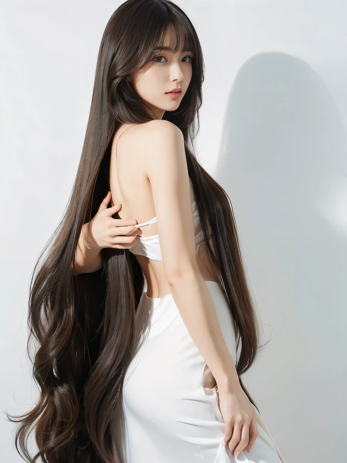 1woman ((Waist up shot:!!!)) (she is in front of a white wall、Random poses showing as much back and hair as possible:1.8) (she looks very confident as she looks at the viewers.:1.8) ((Highest quality)), ((masterpiece)), (family friendly), (Get used to it) ((Her hair is heavy and curly.:1.5)) (((Her hair color is the perfect light brown..:1.8!!))) (Her bangs are neatly trimmed and straight down.:1.5) (Highest qualityの long hair to the ankles!!!!! Highest quality Hair quality with attention to detail long hair to the ankles!!!!!、Very long and lasting hair!!!!! Flowing Hair Her hair is incredibly curly!!! Very shiny and thick hair Abnormally long hair that lasts forever!!!!! Flowing hair on both ends!!!!! long hair to the ankles!!!!! long hair to the ankles!!!!! Thick and shiny hair Very free hair Abnormally long hair!!!!! Beautiful silky hair Beautiful and shiny hair Beautiful and shiny hair Beautiful silky hair long hair to the ankles!!!!! Very long hair!!!!! Very long hair!!!!!) (Highest quality The best ultra-fine long hair to the ankles!!!!!、Very long hair that lasts forever Flowing Hair Her hair is incredibly curly!!! Very shiny and thick hair Abnormally long hair that lasts forever!!!!! Flowing hair on both ends long hair to the ankles!!!!! Thick and shiny hair Very free hair Abnormally long hair!!!!! Beautiful silky hair long hair to the ankles!!!!! Beautiful and shiny hair Beautiful and shiny hair Beautiful silky hair long hair to the ankles!!!!! Very very, Very long hair!!!!! Very very, Very long hair!!!!!) (she is the most beautiful 24-year-old hair model in Japan...........) Perfect woman'face (Her face shape is thinner than average:1.8) (Her eyes are larger than average:1.8 Her nose is higher than average:1.8) (she has a typical Japanese build and skin color..., Her skin is very high quality and ultra high definition.、very beautiful and glowing skin) (Her face is dignified and sexy)(she achieved her sexy look with the help of a professional makeup arti