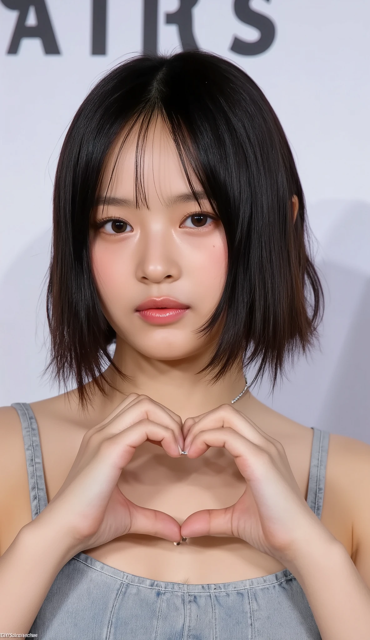 Super Fine、A wink-up shot of her face、She has a smile showing her teeth, wears a camisole, and poses with her hands in the shape of a heart in front of her chest、The background is plain、 high image quality、細部にわたって high image quality
