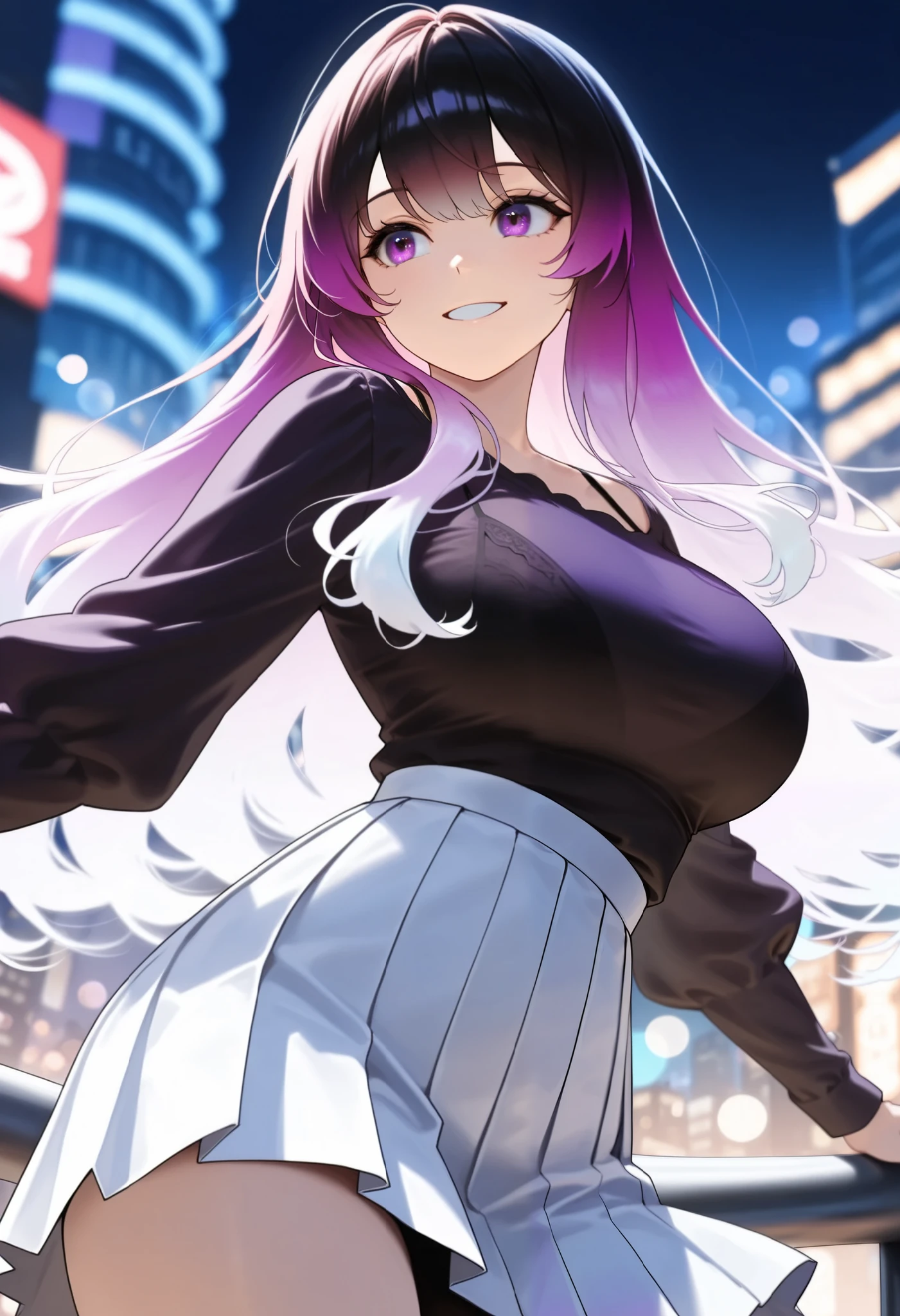 ( Masterpiece, high resolution, 2K resolution, highest quality), cowboy shot, Bokeh, The slightly lower angle , A little from the side, ( 1 girl, perfect anatomy, perfect face), (( gradient hair color +White color:1.4+purple color :1.3), long hair, long layer style ), ( purple eyes , perfect eye), Big Breasts, Black blouse, bra strap, clavicle, white ruffle pleated skirt, smiles, High places, night , city lights on background