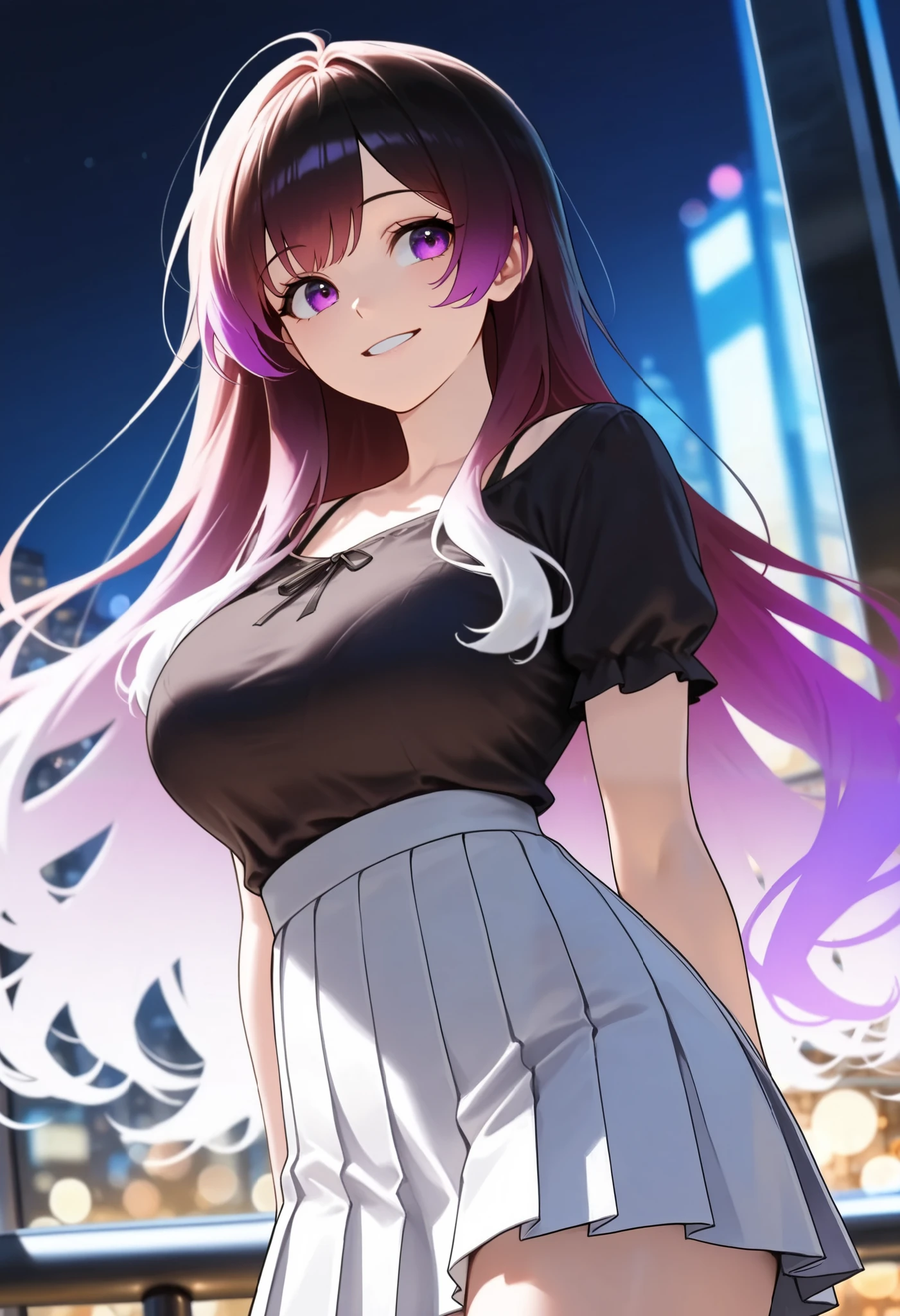 ( Masterpiece,  high resolution, 2K resolution,  highest quality), cowboy shot, Bokeh, The slightly lower angle , A little from the side, ( 1 girl,  perfect anatomy,  perfect face), ((  gradient hair color +White color:1.4+purple color :1.3),  long hair,  long layer style ), (  purple eyes ,  perfect eye), Big Breasts, Black blouse,  bra strap, clavicle,  white ruffle pleated skirt,  smiles, High places,   night , city lights on background 
