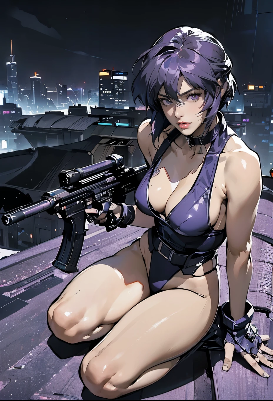 Yuri from The Dirty Pair, , wearing a tight outfit, skimpy, medium breast, (long hair), dark blue hair, beauty, cyberpunk city background, holding retro space-gun, cleavage, slim waist, slim thighs, thigh gap, (light yellow uniform), show belly
