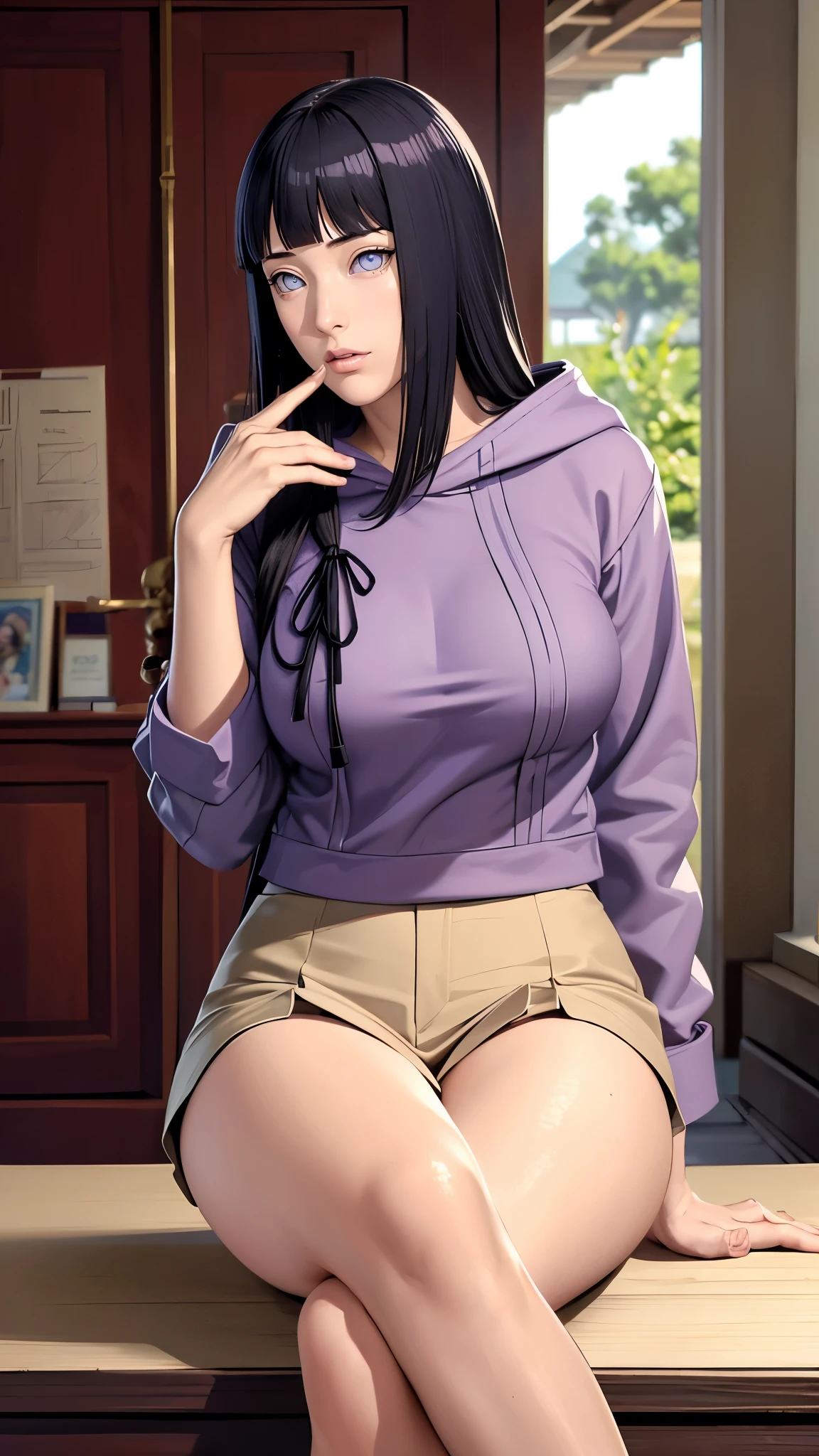 Masterpiece, highres, high Quality, detailed face, detailed body render, 1girl, solo, hyuuga hinata, hinata-sleeveless-outfit, large breasts, big breast, sleeveless shirt, fishnet top, dark lips, unzipped jacket, no bra, breasts out, nipple, standing, blushes, (on bedroom)