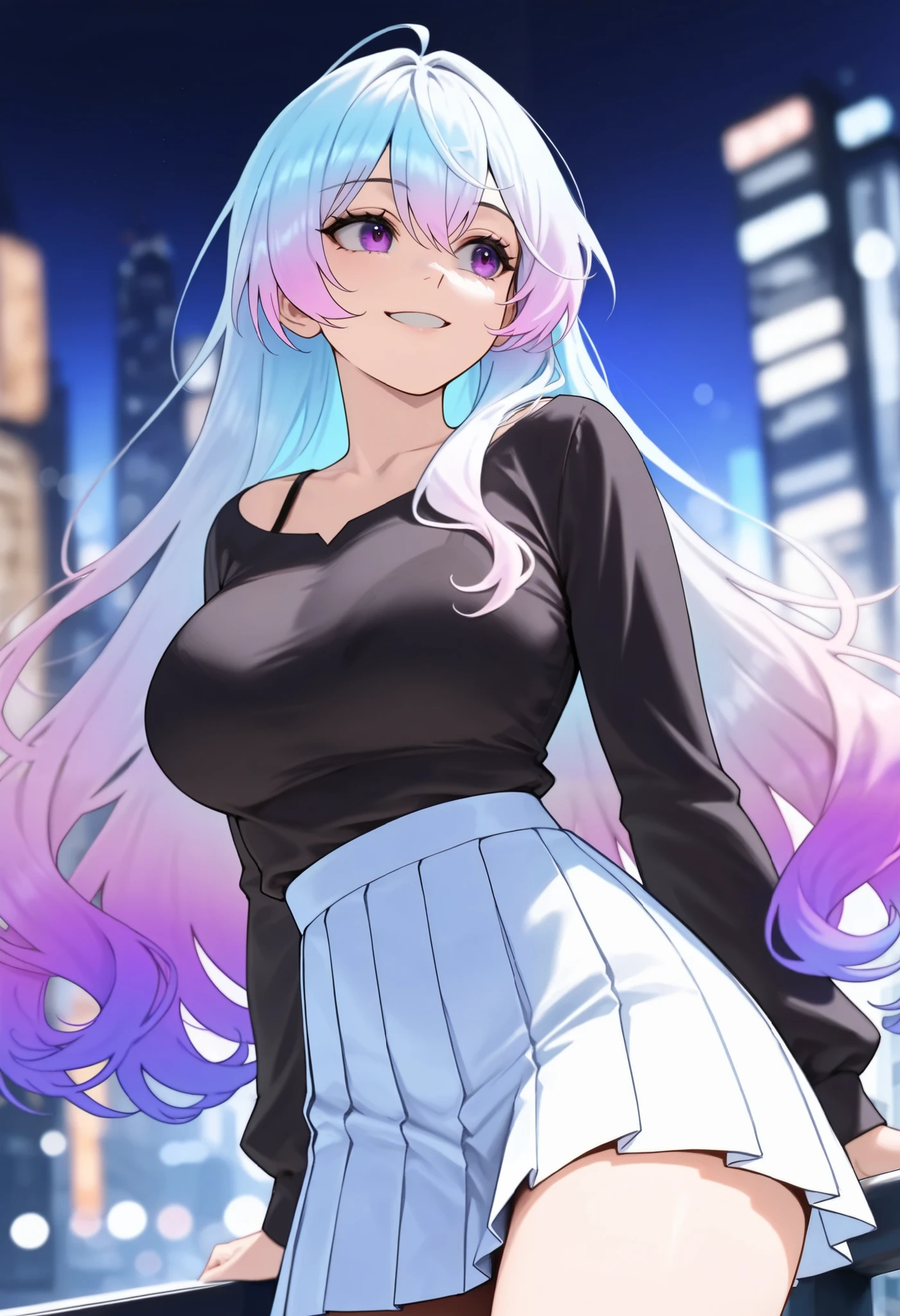 ( Masterpiece,  high resolution, 2K resolution,  highest quality), cowboy shot, Bokeh, The slightly lower angle , A little from the side, ( 1 girl,  perfect anatomy,  perfect face), ((  gradient hair color +White color:1.4+purple color :1.3),  long hair,  long layer style ), (  purple eyes ,  perfect eye), Big Breasts, Black blouse,  bra strap, clavicle,  white ruffle pleated skirt,  smiles, High places,  midnight , city lights on background 