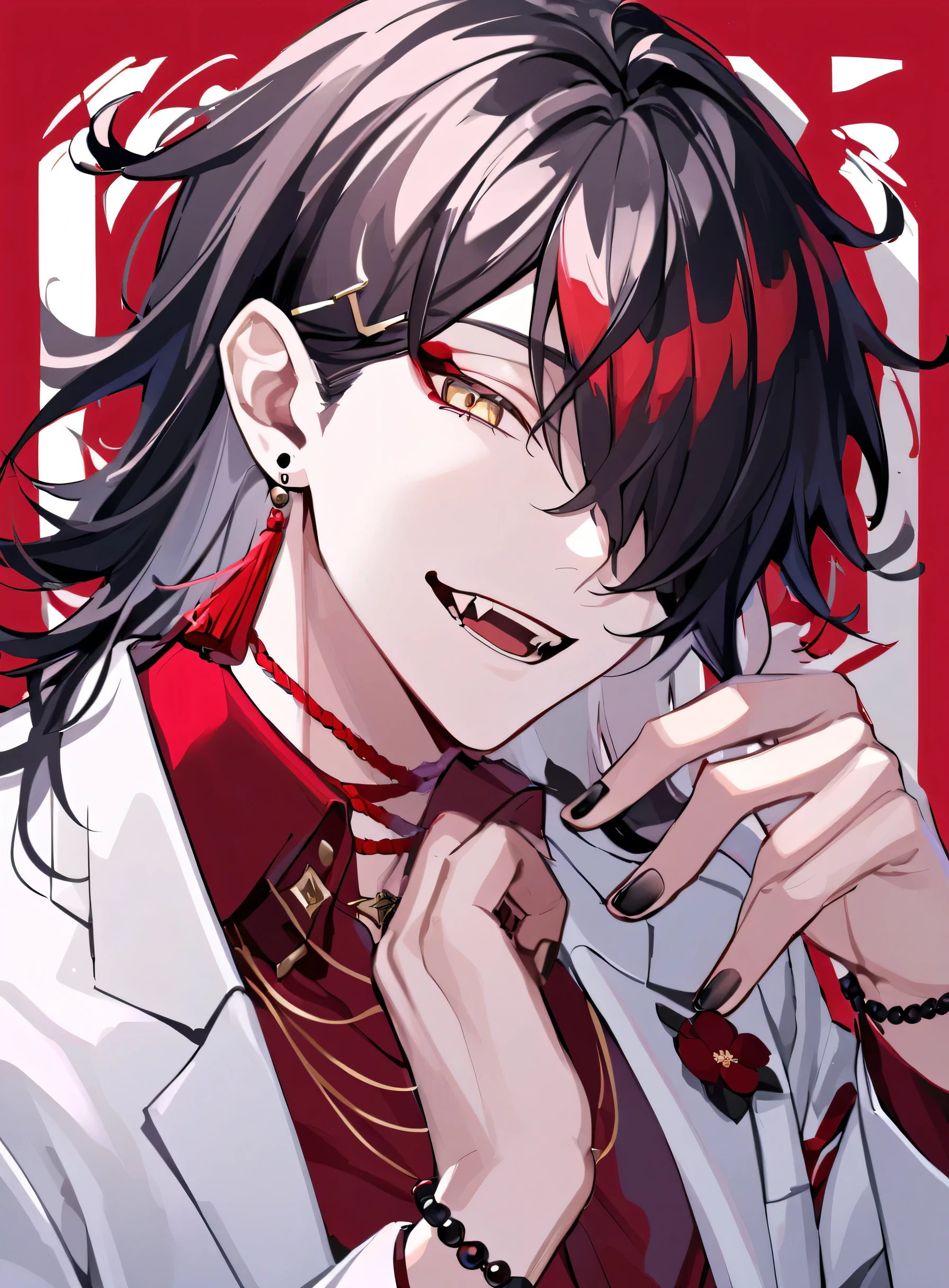 vox,solo,long hair,looking at viewer,smile,open mouth,bangs,shirt,black hair,hair ornament,1boy,jewelry,jacket,yellow eyes,upper body,male focus,red hair,multicolored hair,earrings,teeth,choker,hairclip,collared shirt,medium hair,kimono,nail polish,hair over one eye,bracelet,streaked hair,dress shirt,makeup,buttons,fangs,floral print,white jacket,red shirt,tassel,black nails,red background,eyeshadow,beads,single earring,red choker,bead bracelet,tassel earrings,red eyeshadow,