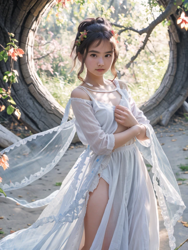 Arakfi woman in white dress and blue and white umbrella, Ethereal beauty, floating dress, a stunning young ethereal figure, lady with glowing flowers dress, Ethereal fantasy, Ethereal!!!!!!!, Ethereal!!!, Beautiful digital artwork, Ross Tran 8 K, flowing magical robe, by Yang J, By Leng Mei, ethereal fairytale, By Ni Tian, Zhang Jingna